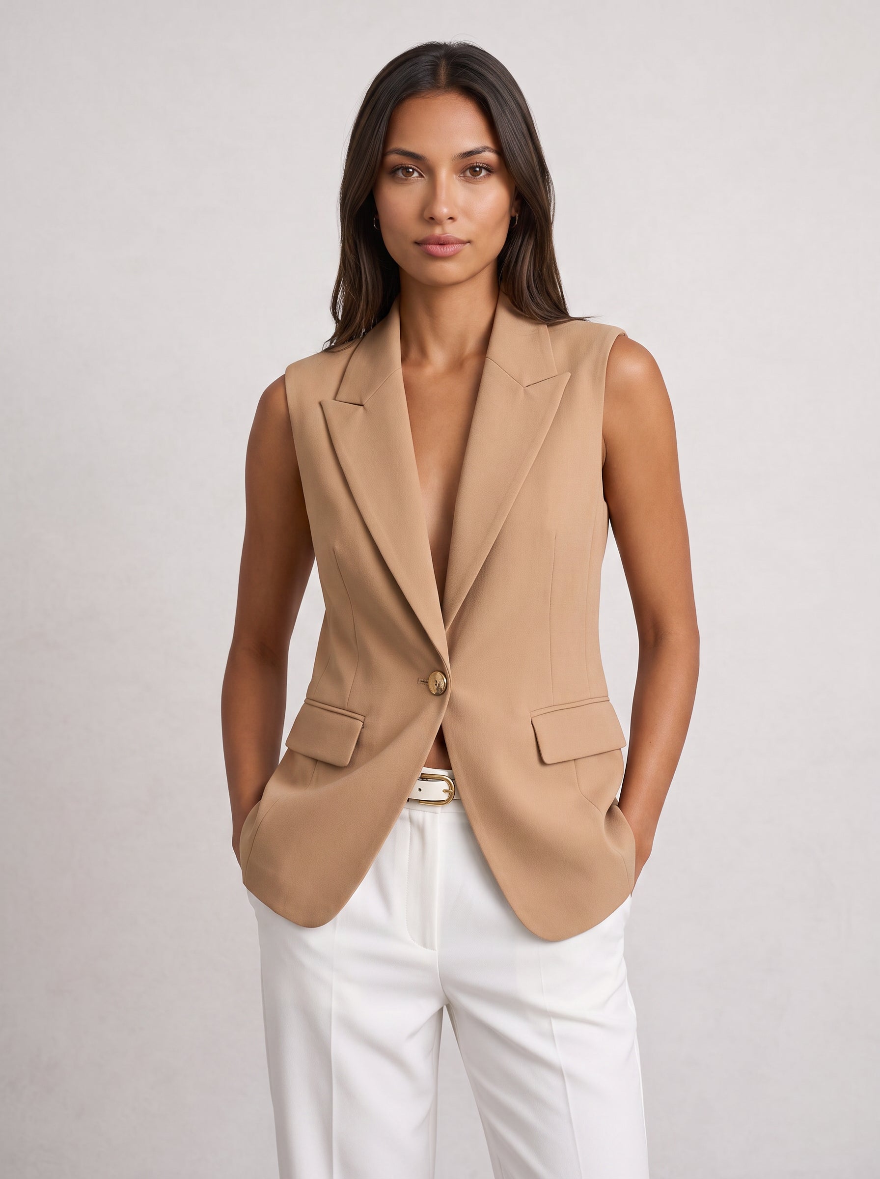 Minteaux Sleeveless Notch Collar Blazer – Women Tailored Office Summer Smart Casual Longline Vest Blazer