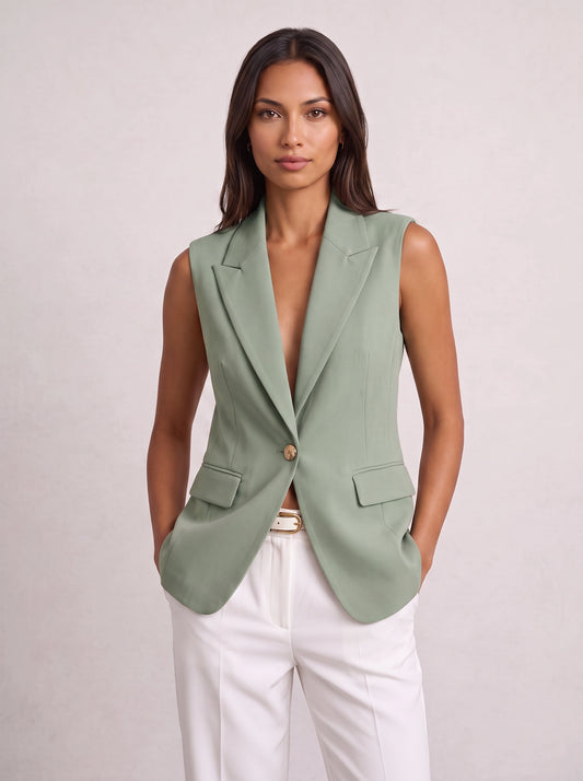 Minteaux Sleeveless Notch Collar Blazer – Women Tailored Office Summer Smart Casual Longline Vest Blazer
