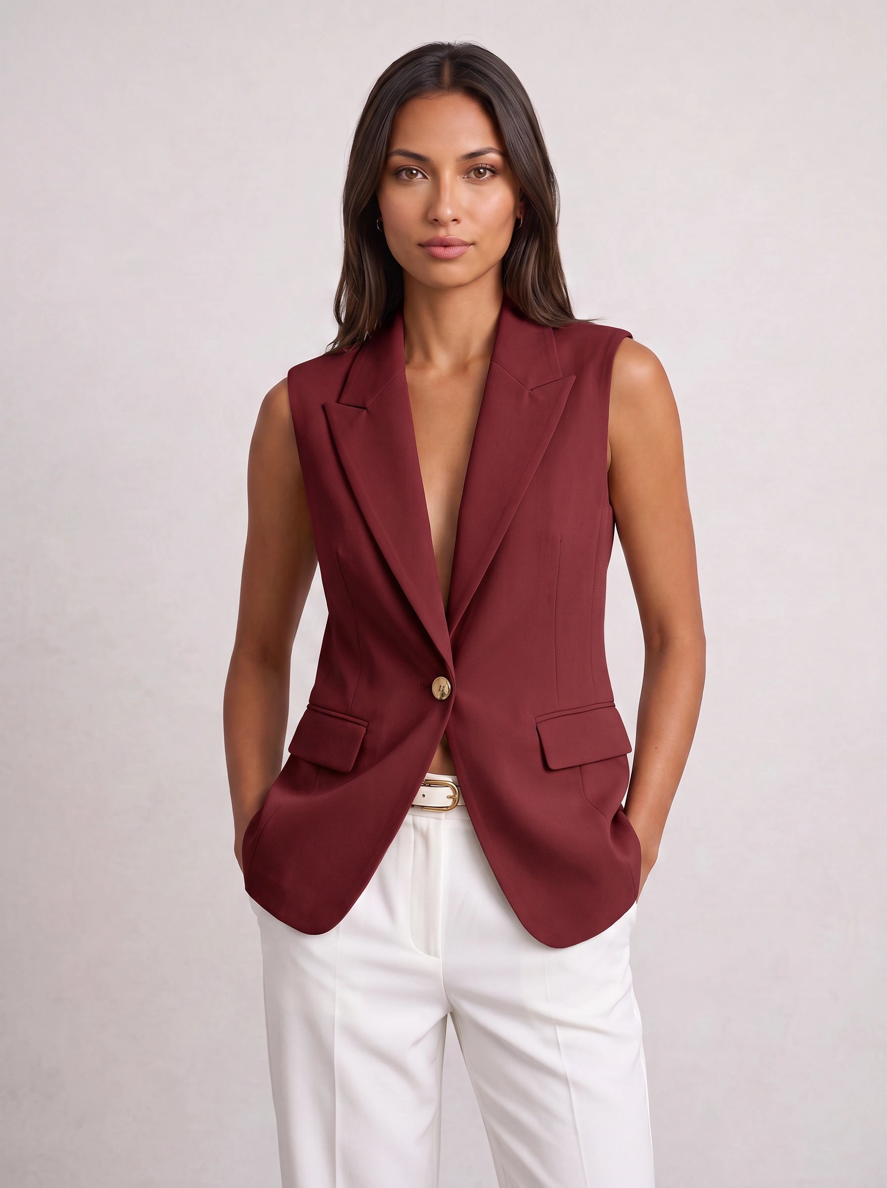Minteaux Sleeveless Notch Collar Blazer – Women Tailored Office Summer Smart Casual Longline Vest Blazer