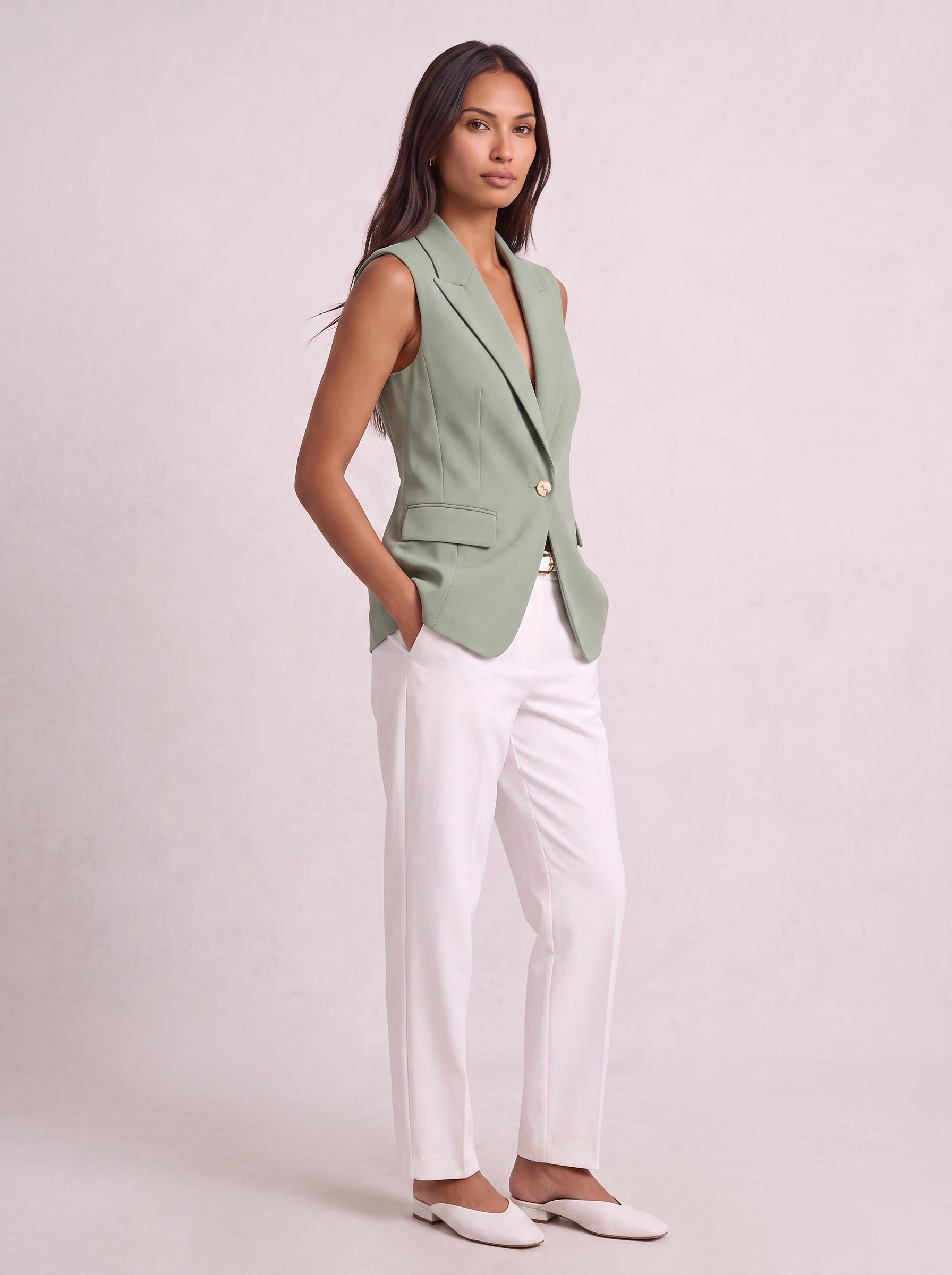 Minteaux Sleeveless Notch Collar Blazer – Women Tailored Office Summer Smart Casual Longline Vest Blazer