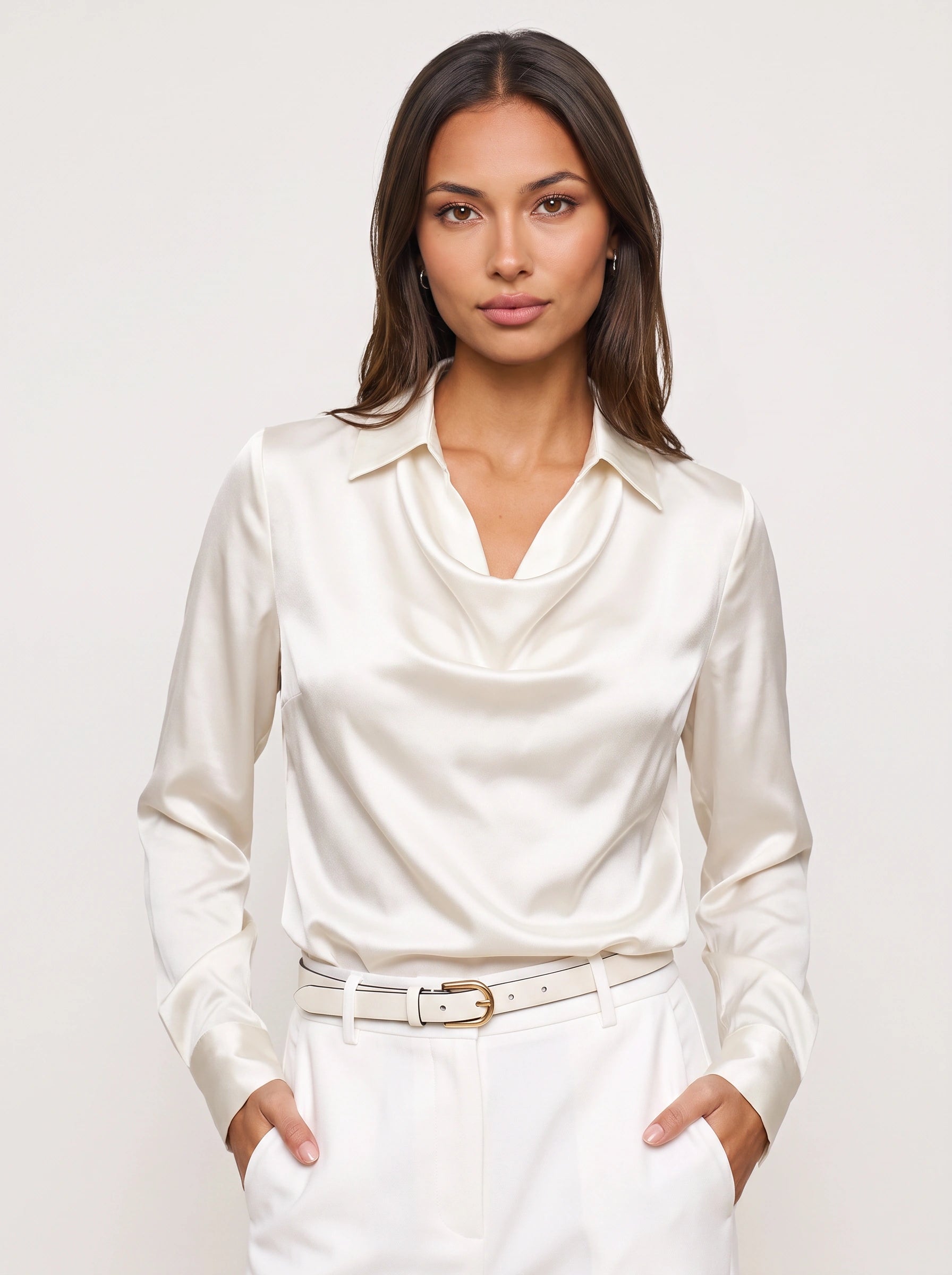 Colvina Cowl Neck Satin Blouse – Women Formal Elegant Office Wear Long Sleeve Silk Top Wedding Guest Dressy