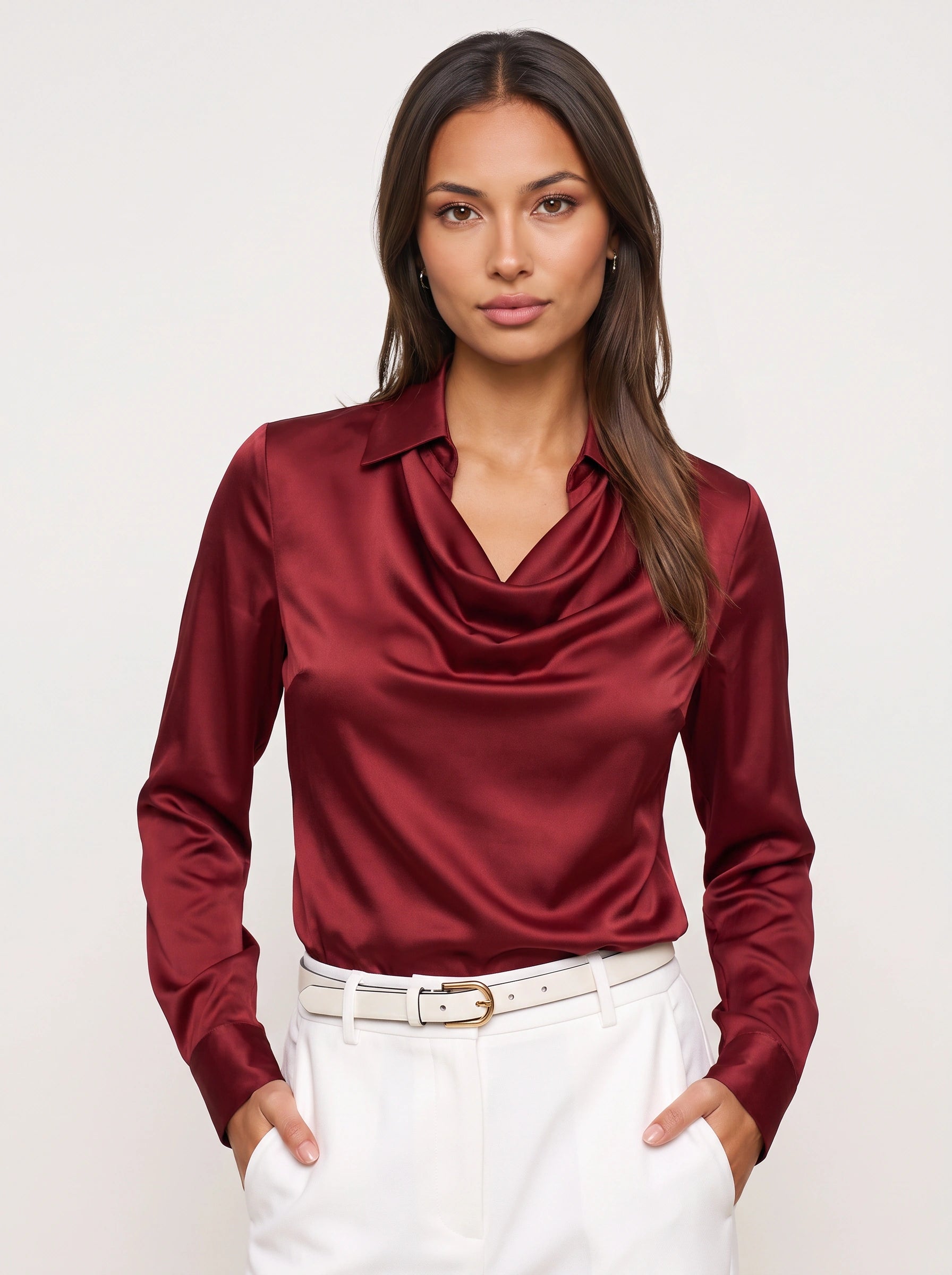 Colvina Cowl Neck Satin Blouse – Women Formal Elegant Office Wear Long Sleeve Silk Top Wedding Guest Dressy