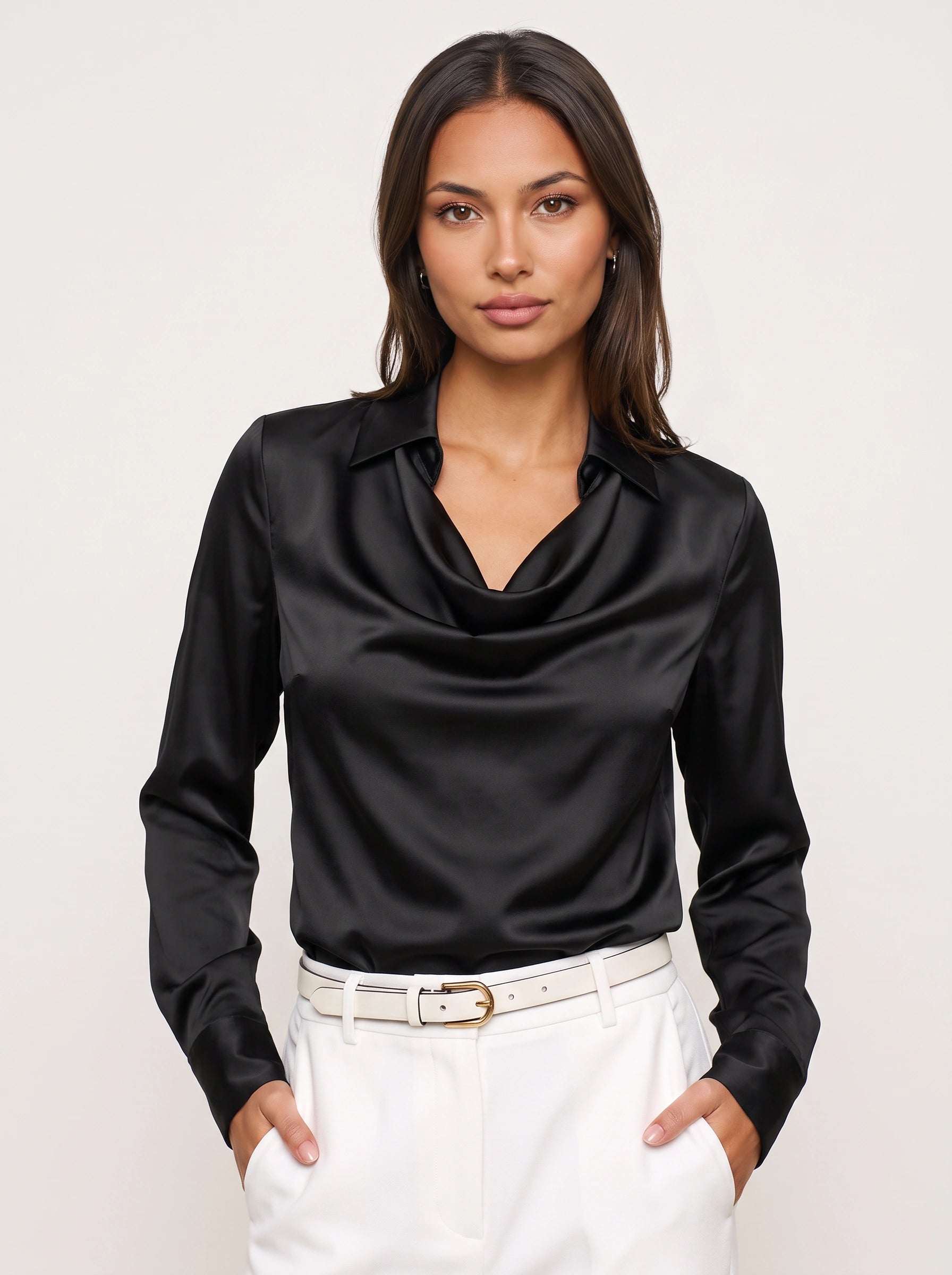Colvina Cowl Neck Satin Blouse – Women Formal Elegant Office Wear Long Sleeve Silk Top Wedding Guest Dressy