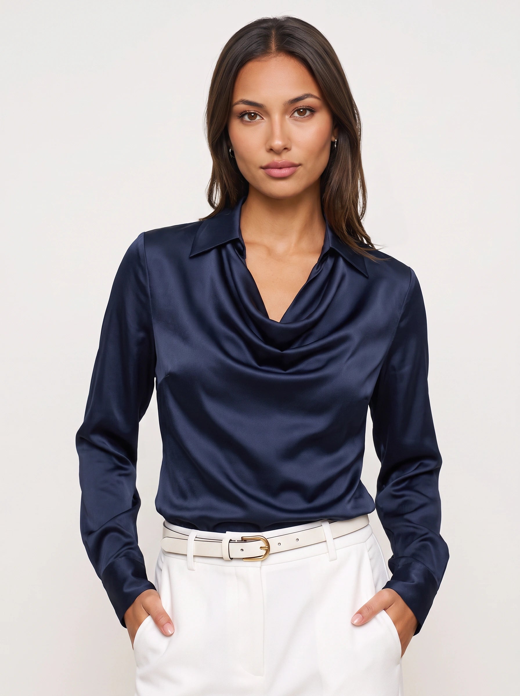 Colvina Cowl Neck Satin Blouse – Women Formal Elegant Office Wear Long Sleeve Silk Top Wedding Guest Dressy