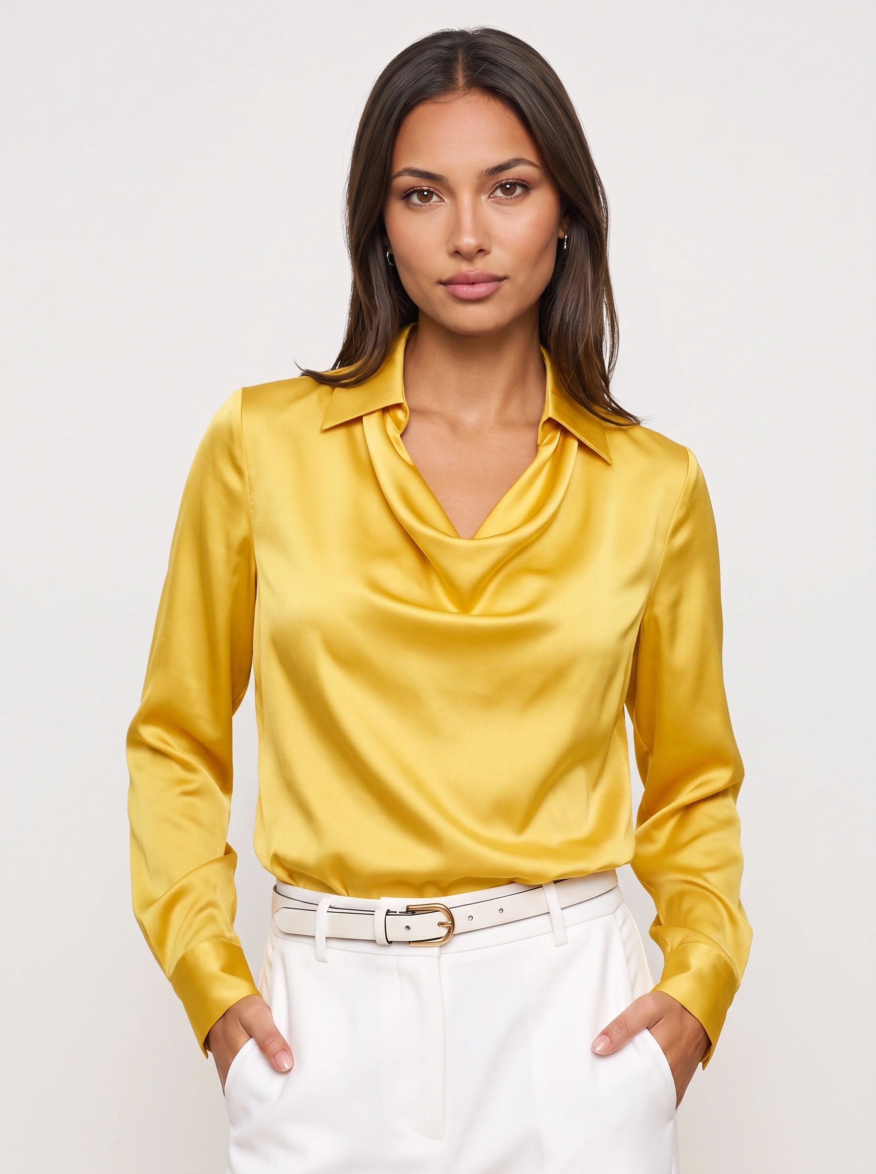 Colvina Cowl Neck Satin Blouse – Women Formal Elegant Office Wear Long Sleeve Silk Top Wedding Guest Dressy