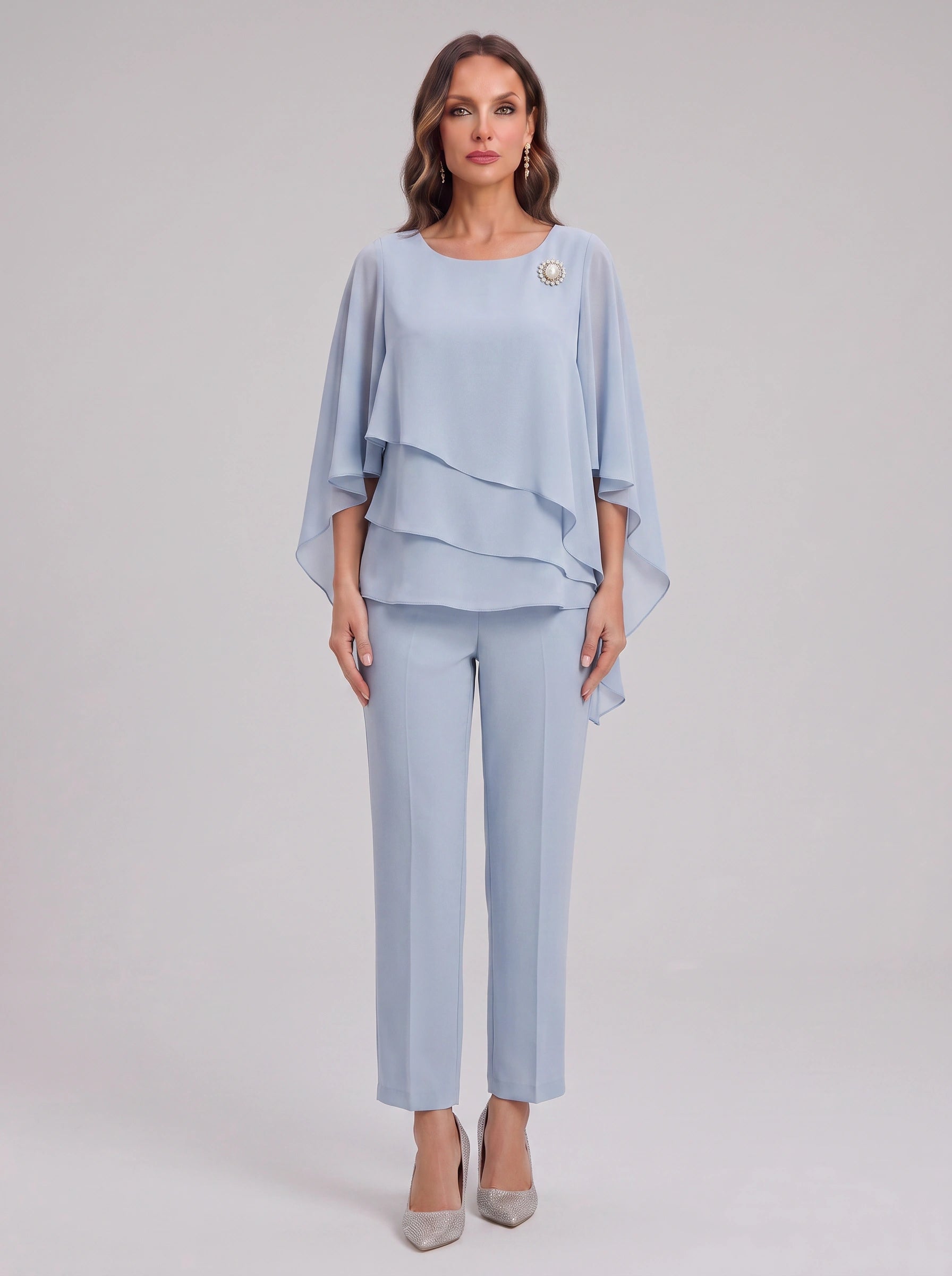 Ciessa Tiered Flutter Sleeve Palazzo Pantsuit – Women Formal Wedding Guest Mother Bride Dressy Pants Suit