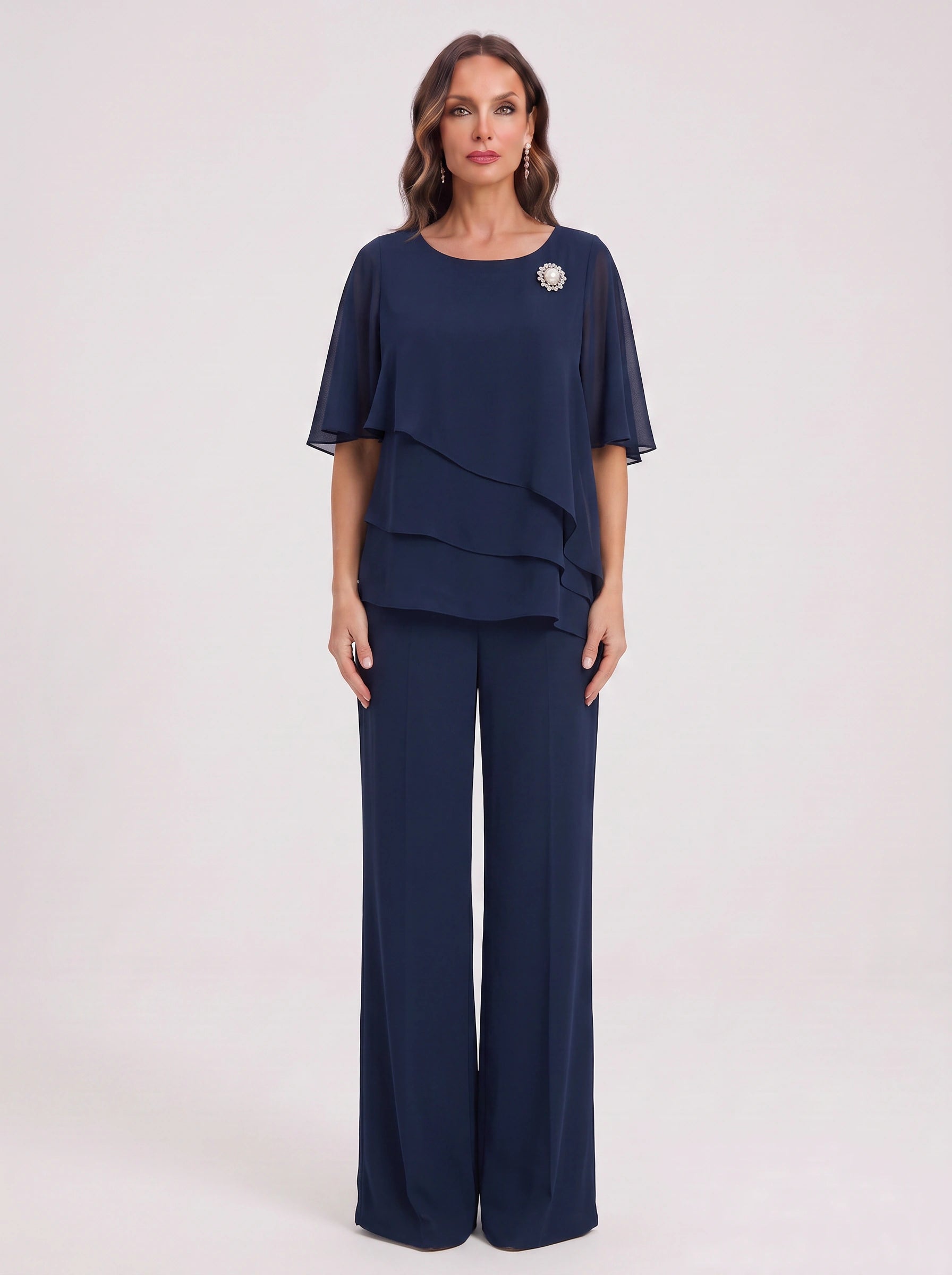 Ciessa Tiered Flutter Sleeve Palazzo Pantsuit – Women Formal Wedding Guest Mother Bride Dressy Pants Suit