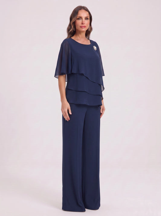 Ciessa Tiered Flutter Sleeve Palazzo Pantsuit – Women Formal Wedding Guest Mother Bride Dressy Pants Suit