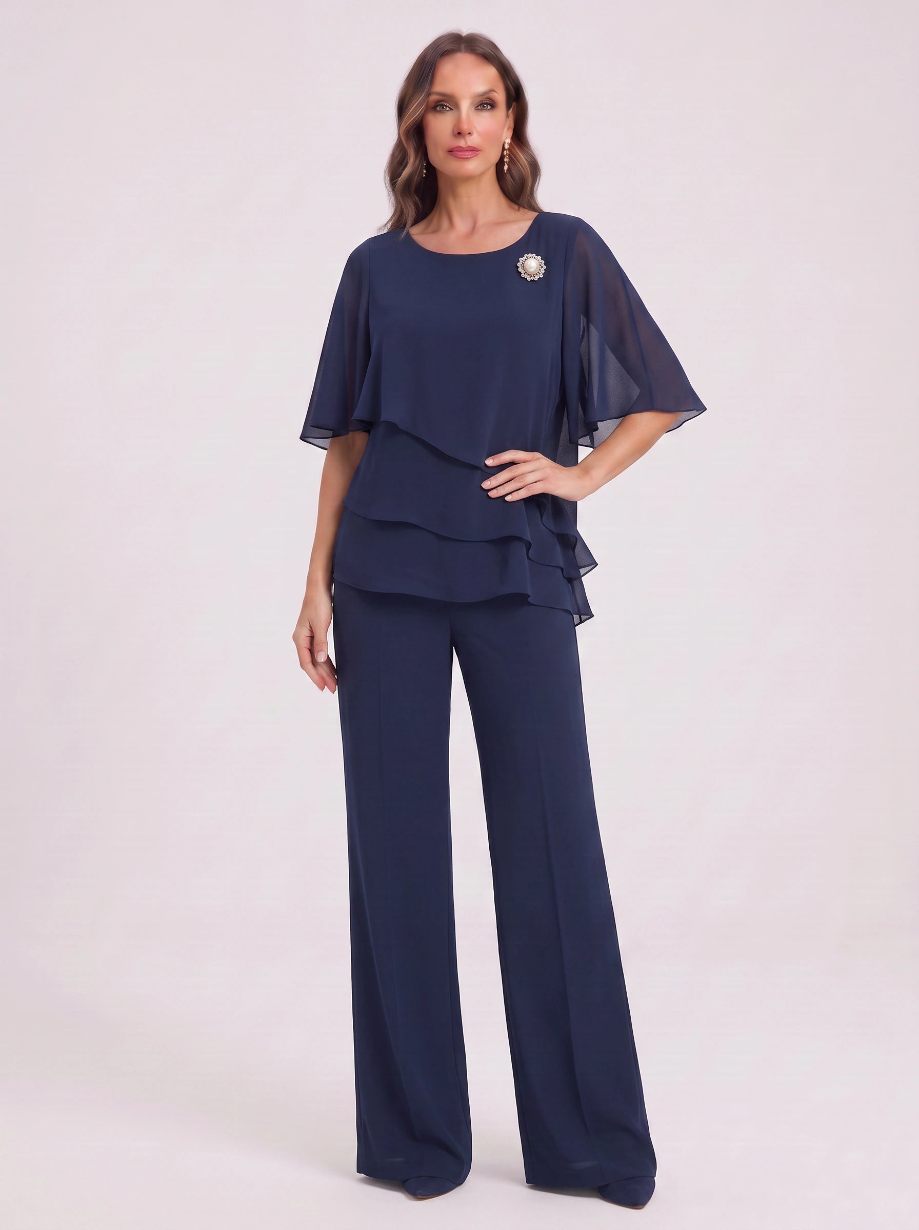 Ciessa Tiered Flutter Sleeve Palazzo Pantsuit – Women Formal Wedding Guest Mother Bride Dressy Pants Suit