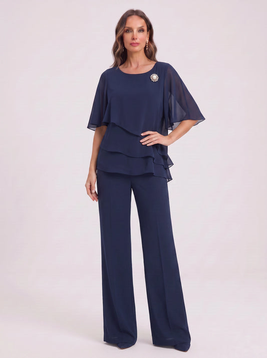 Ciessa Tiered Flutter Sleeve Palazzo Pantsuit – Women Formal Wedding Guest Mother Bride Dressy Pants Suit