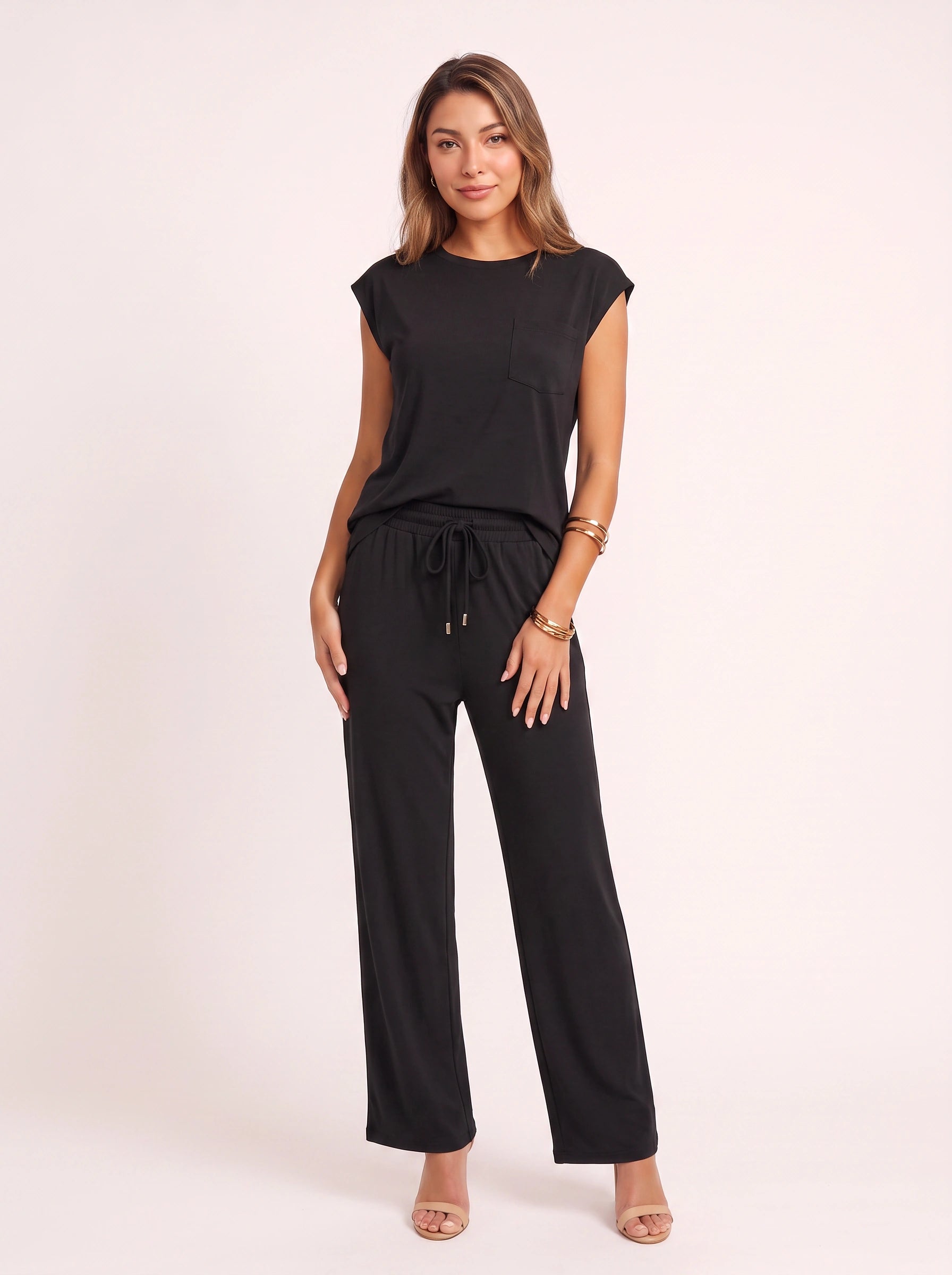 Costura Cap Sleeve Wide-Leg Lounge Set – Women Summer Drawstring Jogger Pant Matching Crop Top Co-Ord Set