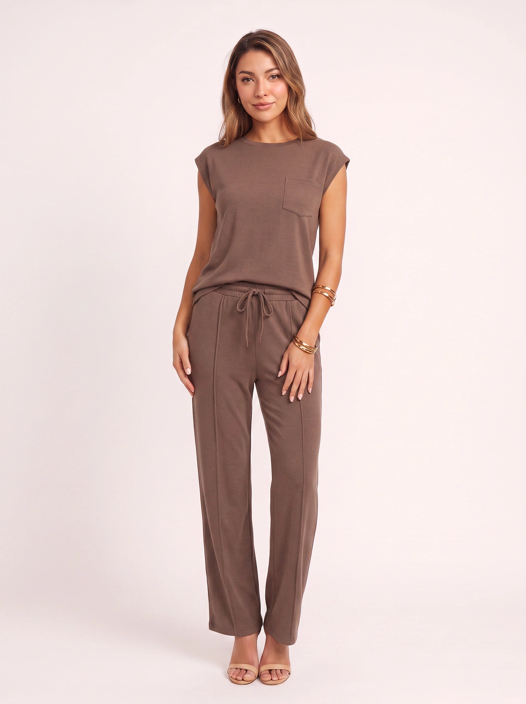 Costura Cap Sleeve Wide-Leg Lounge Set – Women Summer Drawstring Jogger Pant Matching Crop Top Co-Ord Set