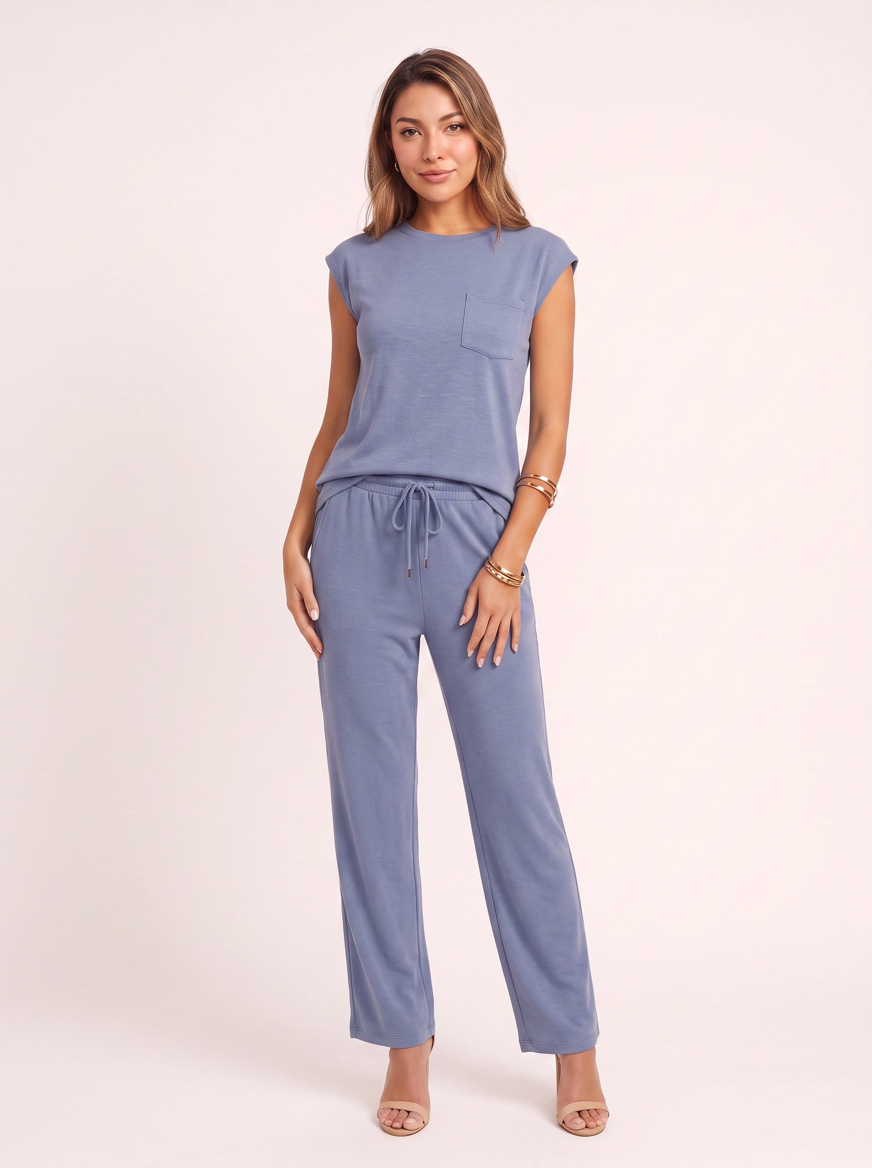 Costura Cap Sleeve Wide-Leg Lounge Set – Women Summer Drawstring Jogger Pant Matching Crop Top Co-Ord Set