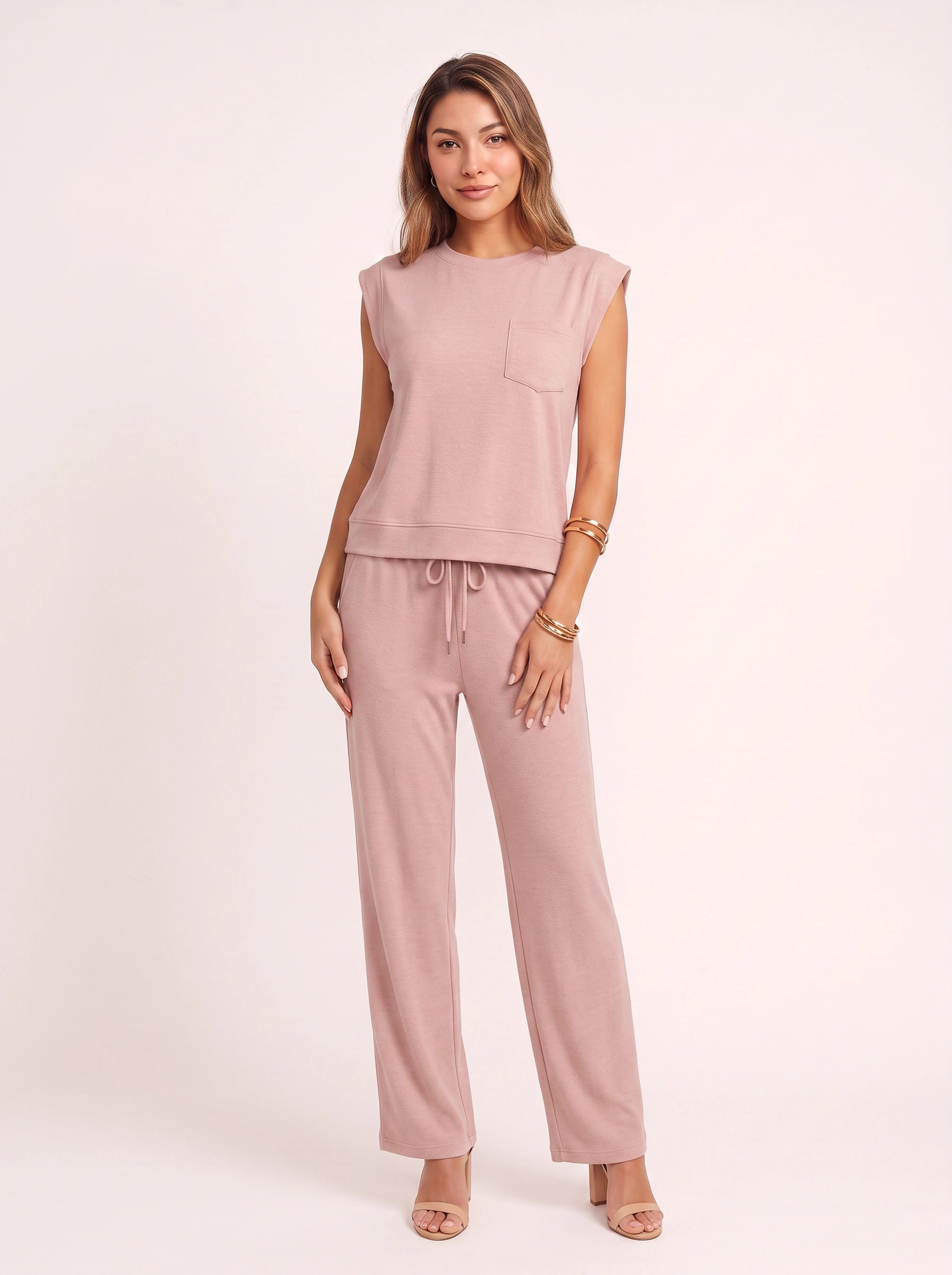 Costura Cap Sleeve Wide-Leg Lounge Set – Women Summer Drawstring Jogger Pant Matching Crop Top Co-Ord Set