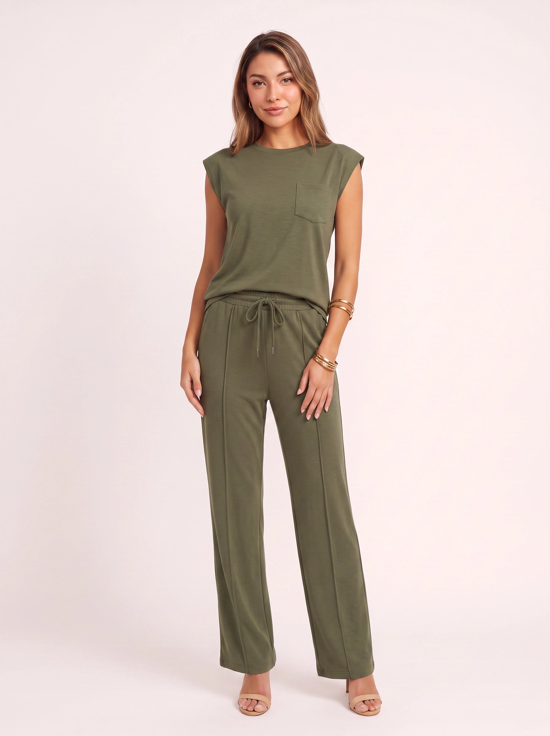 Costura Cap Sleeve Wide-Leg Lounge Set – Women Summer Drawstring Jogger Pant Matching Crop Top Co-Ord Set