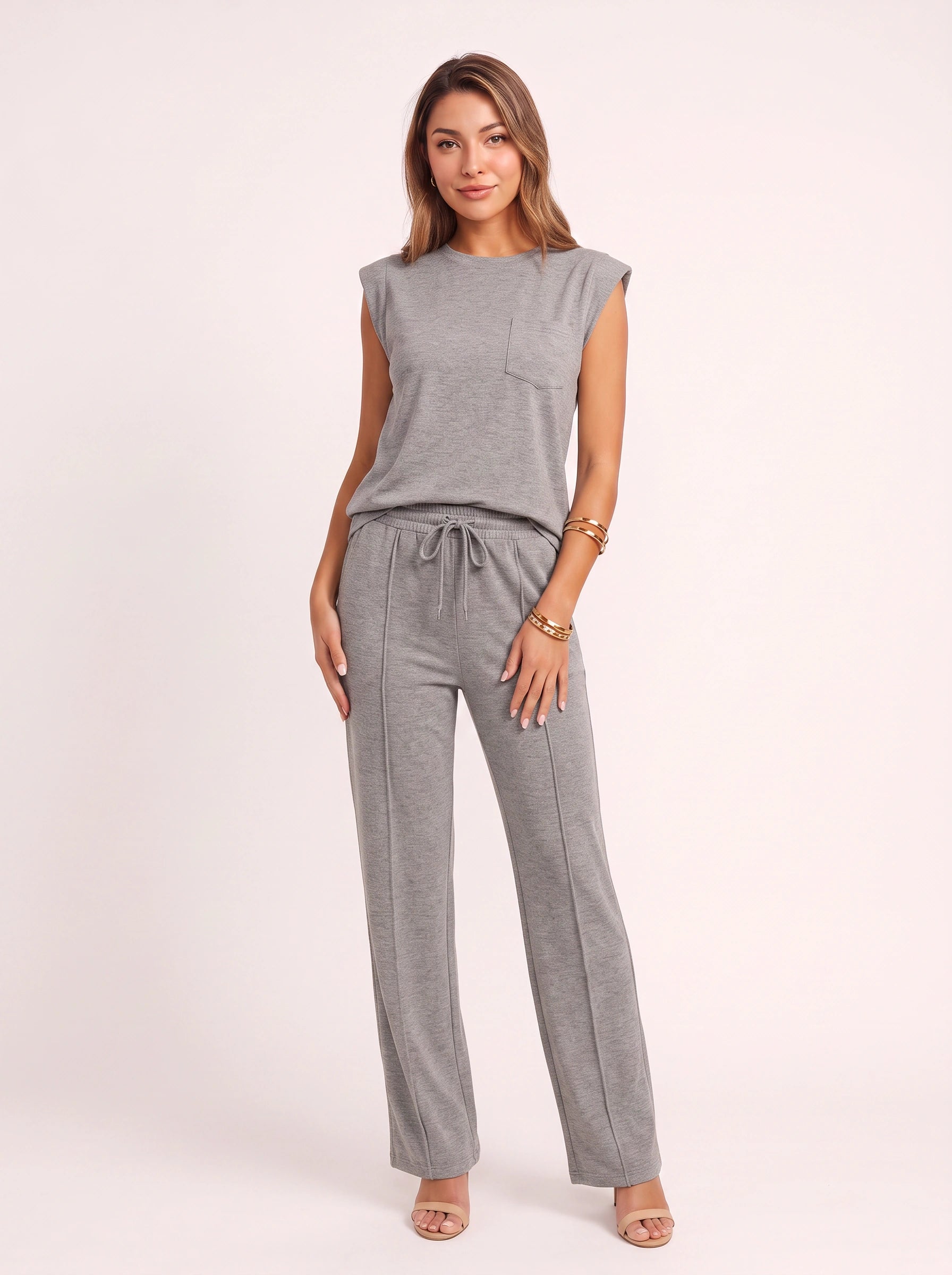 Costura Cap Sleeve Wide-Leg Lounge Set – Women Summer Drawstring Jogger Pant Matching Crop Top Co-Ord Set