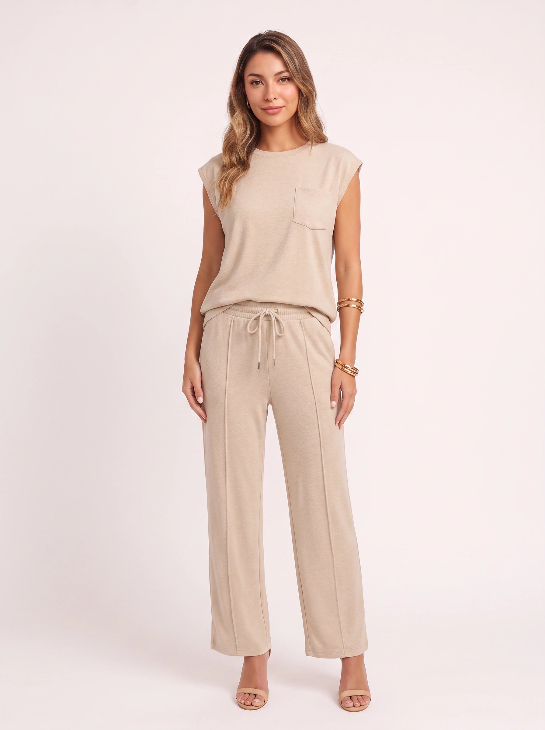 Costura Cap Sleeve Wide-Leg Lounge Set – Women Summer Drawstring Jogger Pant Matching Crop Top Co-Ord Set