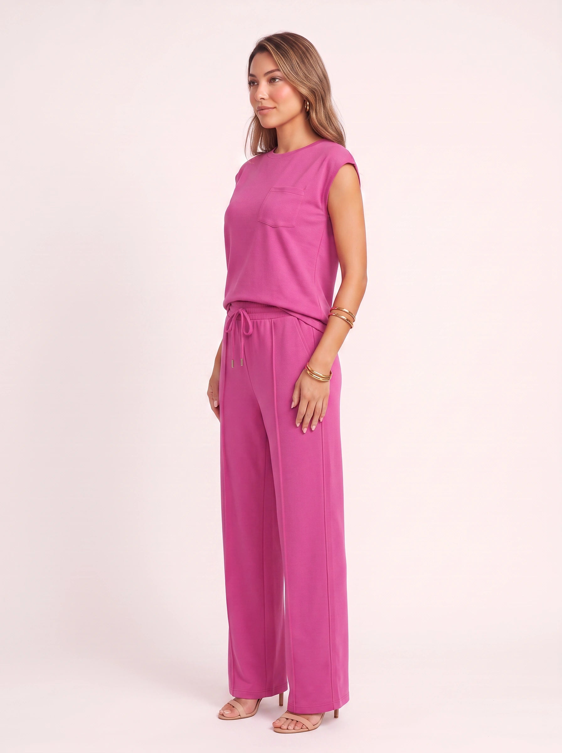 Costura Cap Sleeve Wide-Leg Lounge Set – Women Summer Drawstring Jogger Pant Matching Crop Top Co-Ord Set