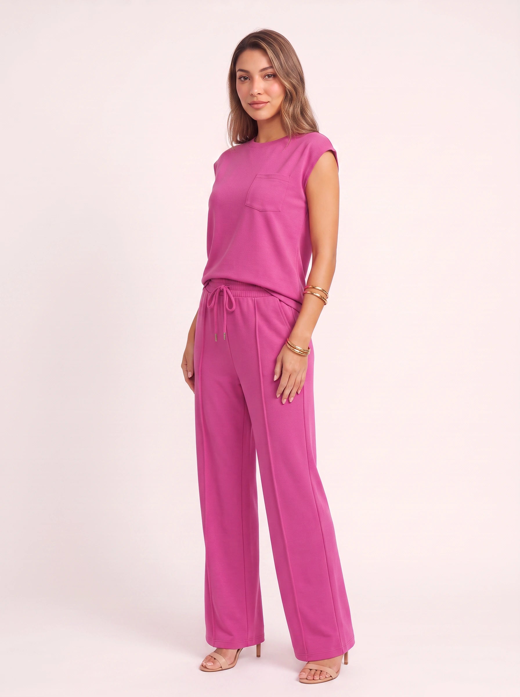 Costura Cap Sleeve Wide-Leg Lounge Set – Women Summer Drawstring Jogger Pant Matching Crop Top Co-Ord Set