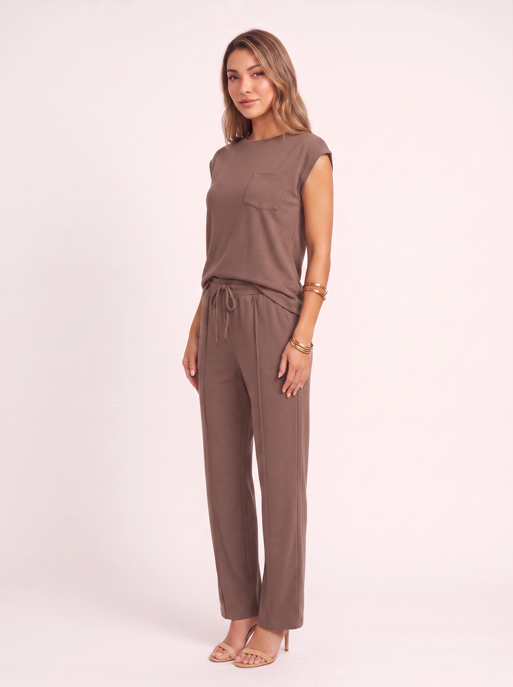 Costura Cap Sleeve Wide-Leg Lounge Set – Women Summer Drawstring Jogger Pant Matching Crop Top Co-Ord Set