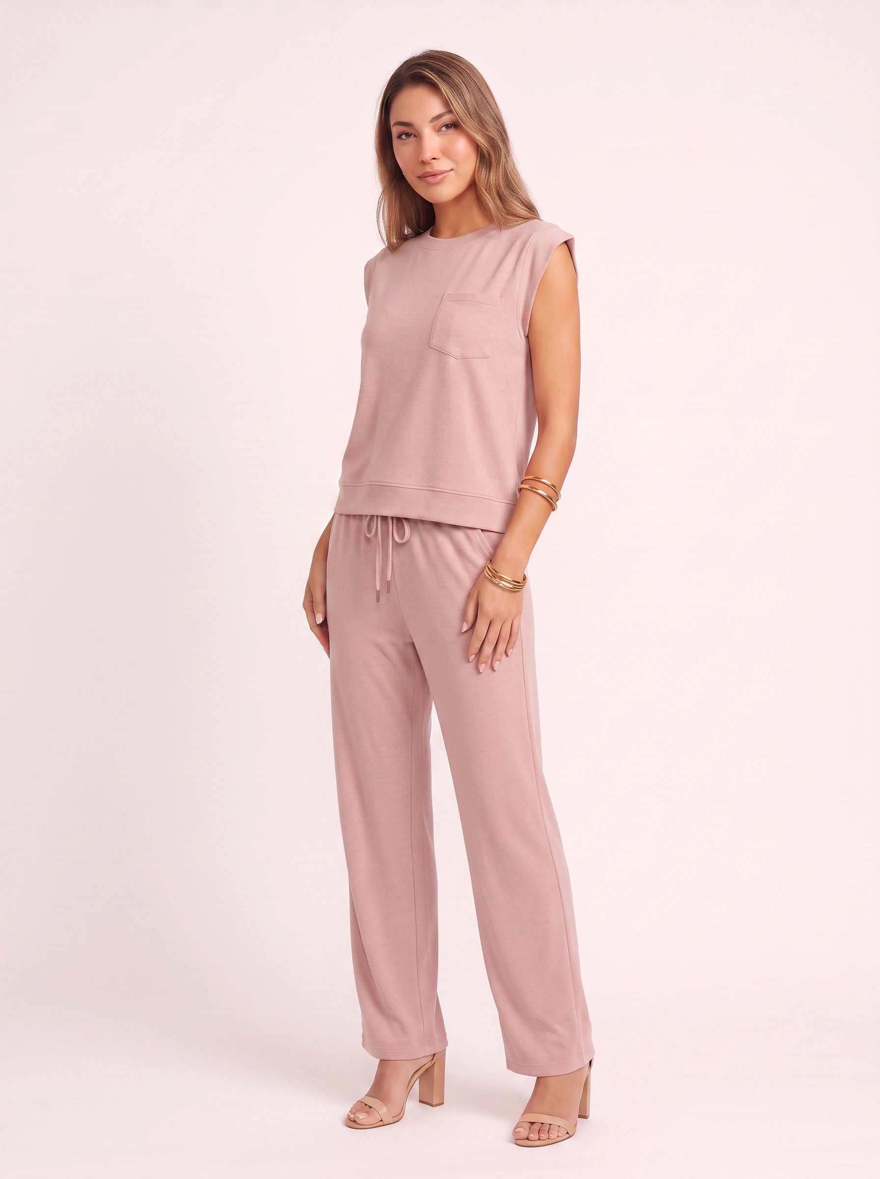 Costura Cap Sleeve Wide-Leg Lounge Set – Women Summer Drawstring Jogger Pant Matching Crop Top Co-Ord Set