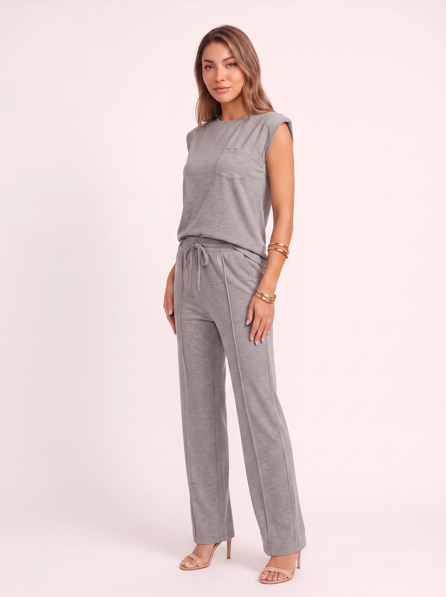 Costura Cap Sleeve Wide-Leg Lounge Set – Women Summer Drawstring Jogger Pant Matching Crop Top Co-Ord Set