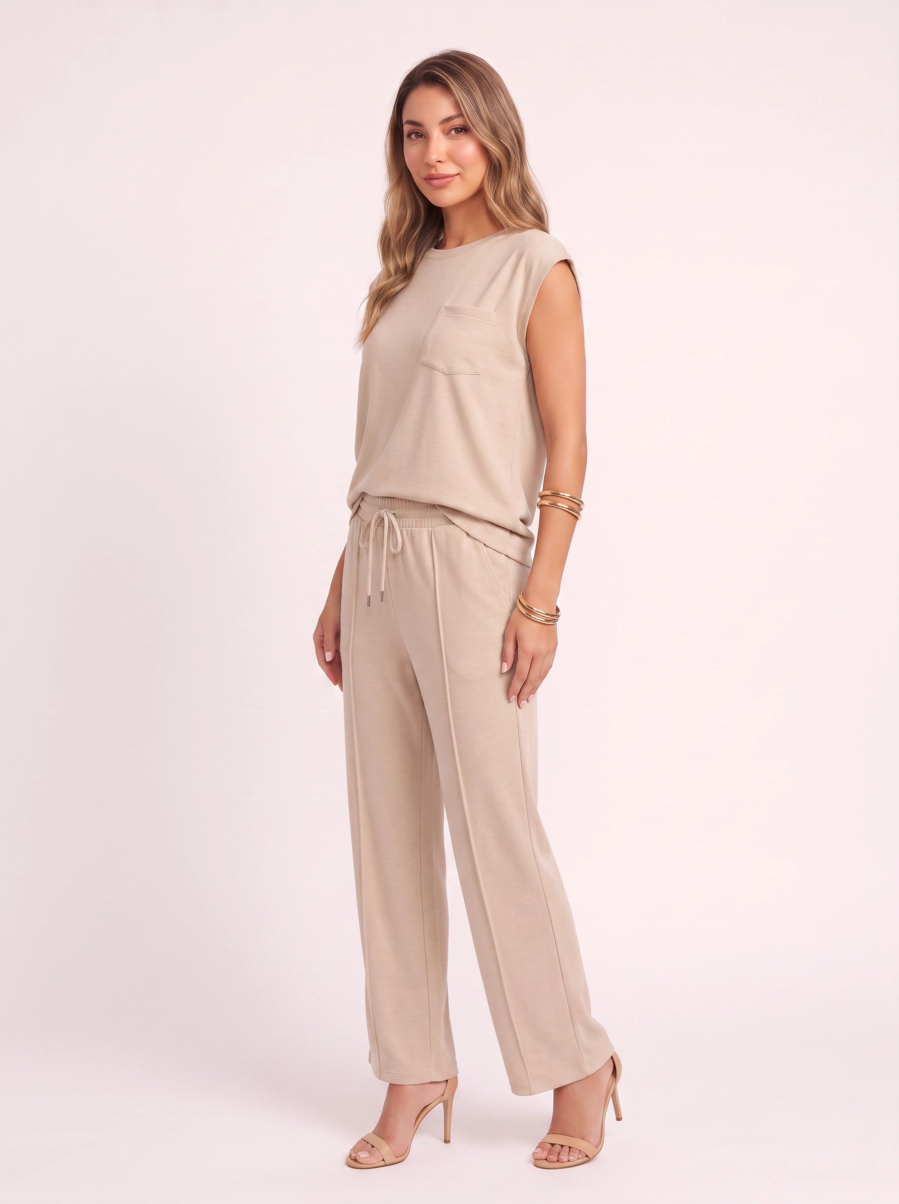 Costura Cap Sleeve Wide-Leg Lounge Set – Women Summer Drawstring Jogger Pant Matching Crop Top Co-Ord Set