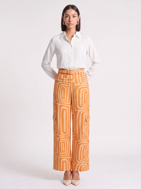 Retrika Printed Wide-Leg Cargo Pants – Women Palazzo Trousers Belted Summer Vacation Resort Ladies Wide Leg Pants