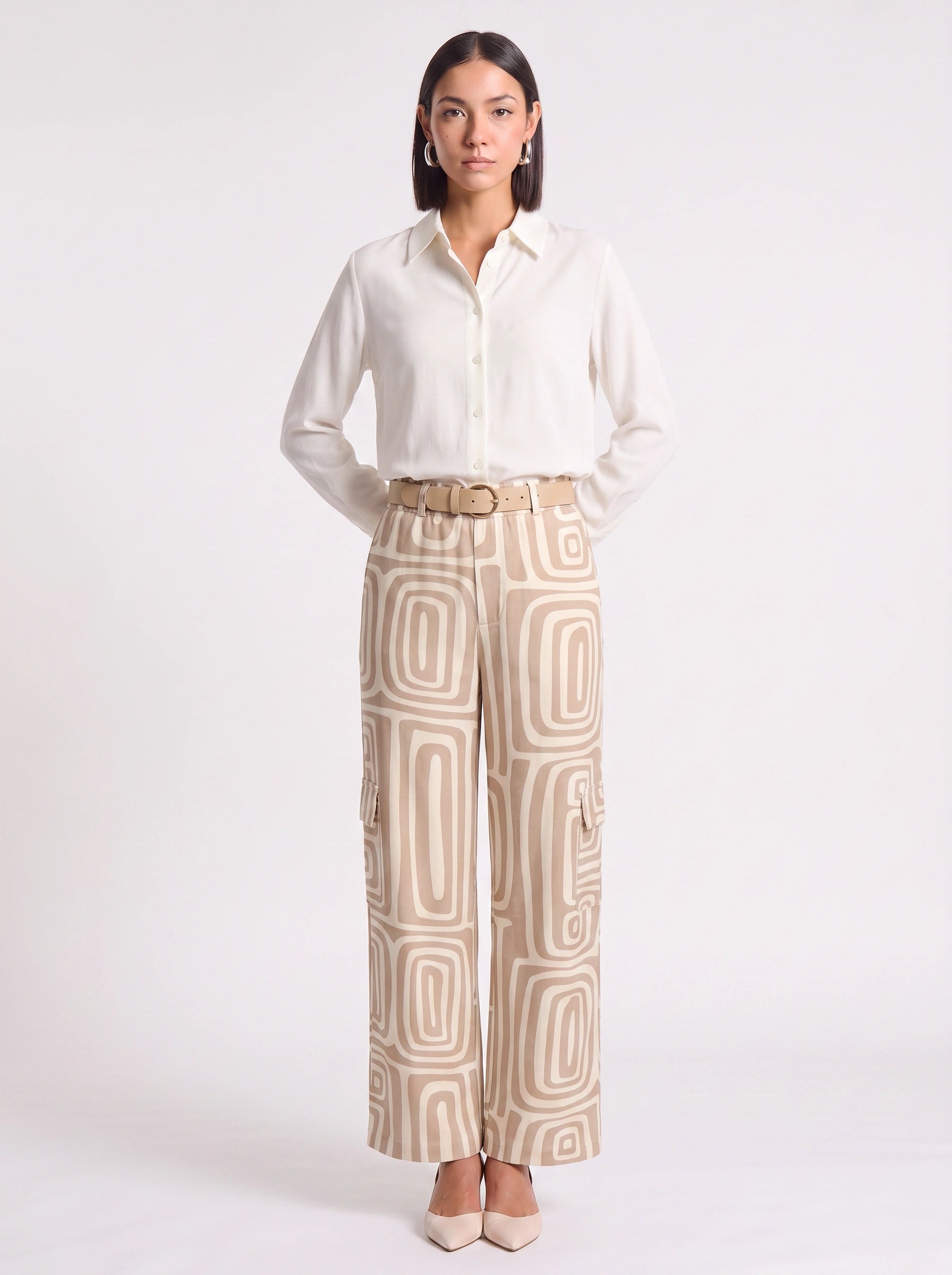 Retrika Printed Wide-Leg Cargo Pants – Women Palazzo Trousers Belted Summer Vacation Resort Ladies Wide Leg Pants