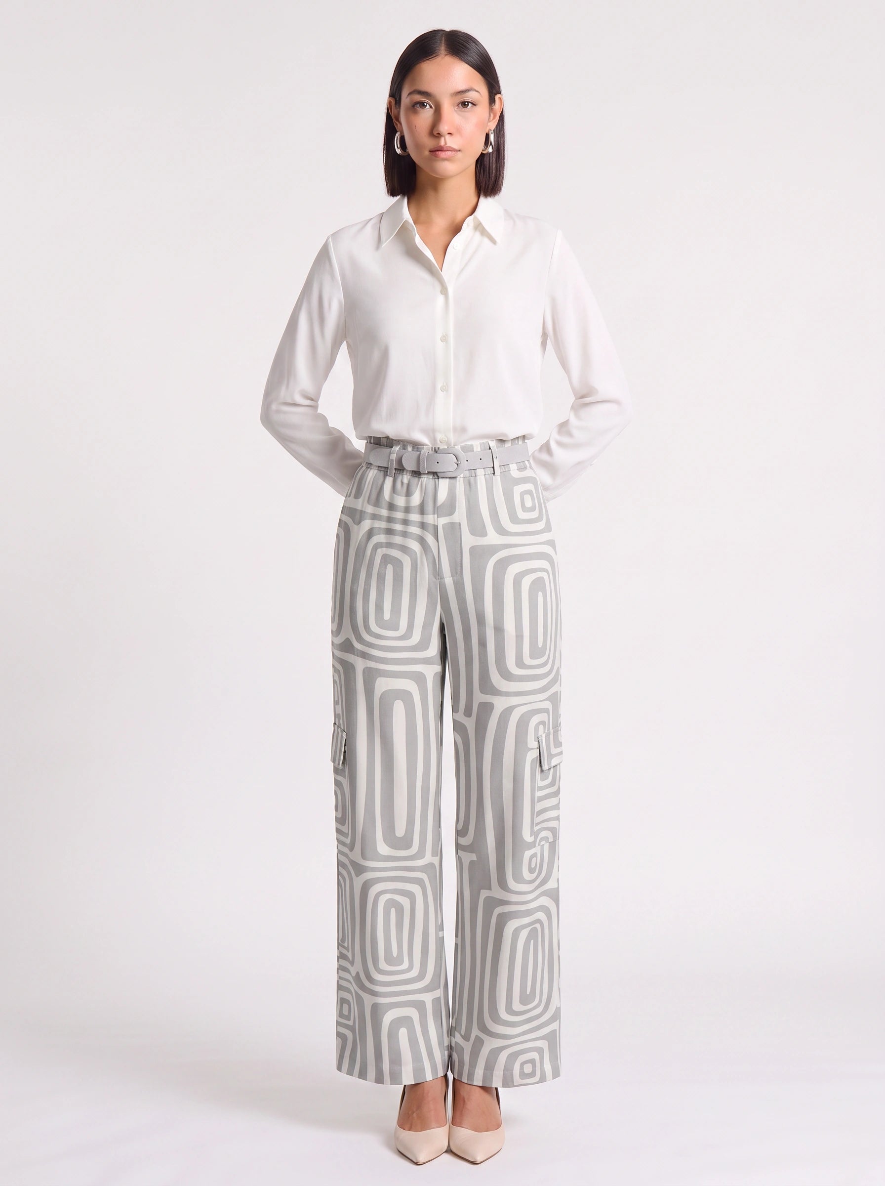 Retrika Printed Wide-Leg Cargo Pants – Women Palazzo Trousers Belted Summer Vacation Resort Ladies Wide Leg Pants
