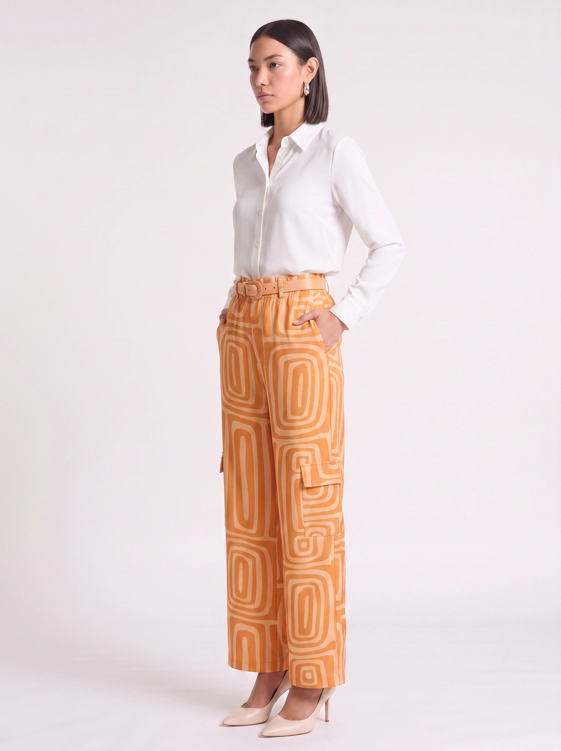 Retrika Printed Wide-Leg Cargo Pants – Women Palazzo Trousers Belted Summer Vacation Resort Ladies Wide Leg Pants