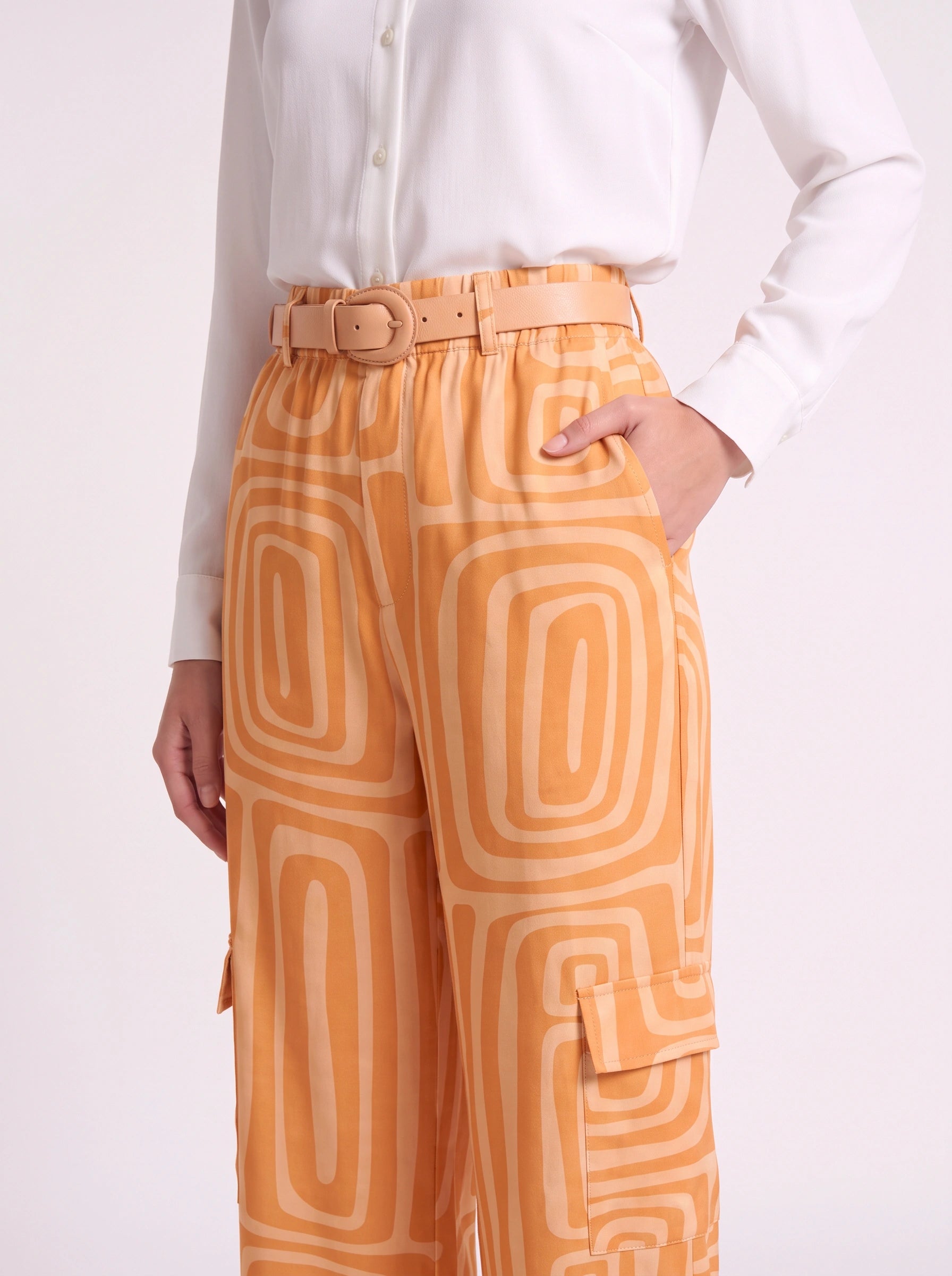 Retrika Printed Wide-Leg Cargo Pants – Women Palazzo Trousers Belted Summer Vacation Resort Ladies Wide Leg Pants