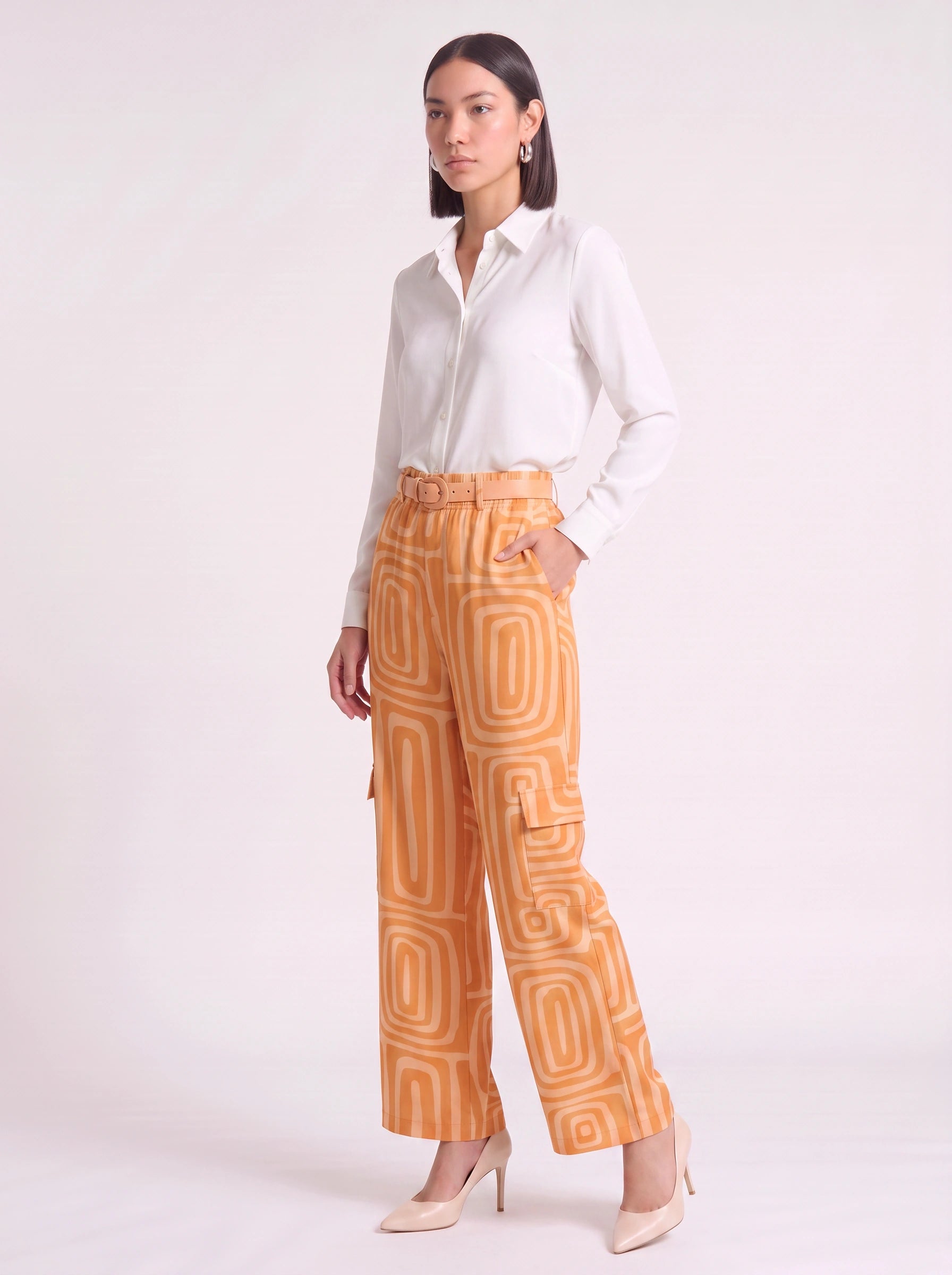 Retrika Printed Wide-Leg Cargo Pants – Women Palazzo Trousers Belted Summer Vacation Resort Ladies Wide Leg Pants