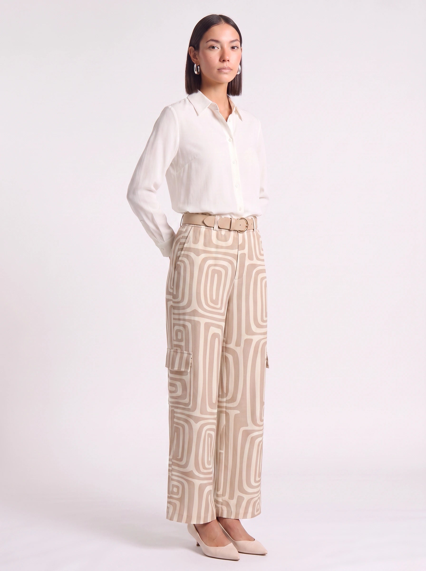 Retrika Printed Wide-Leg Cargo Pants – Women Palazzo Trousers Belted Summer Vacation Resort Ladies Wide Leg Pants
