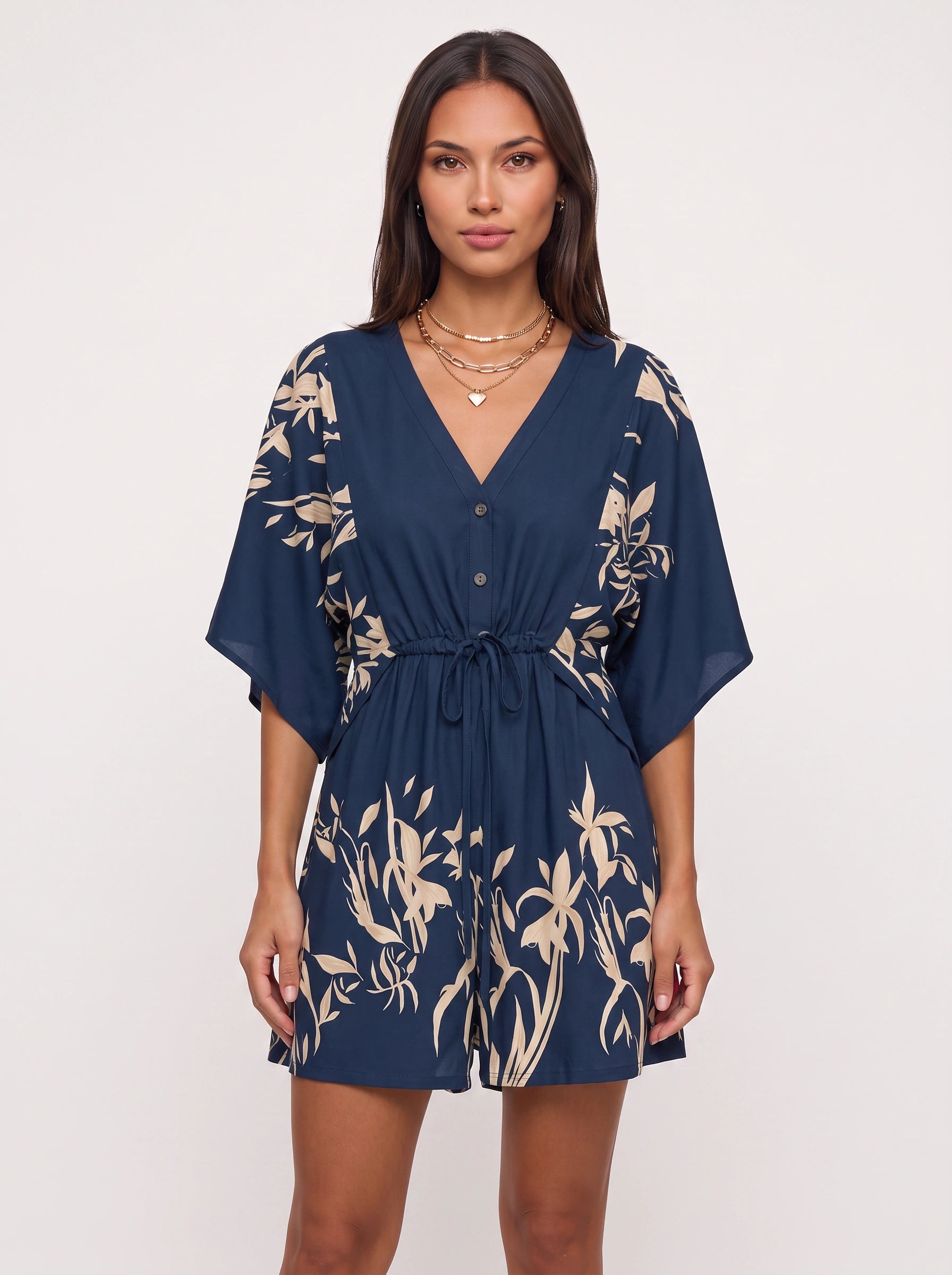 Florica Kimono Sleeve Button Front Mini Dress – Women Floral Print Drawstring Waist Casual Resort Mini Dress