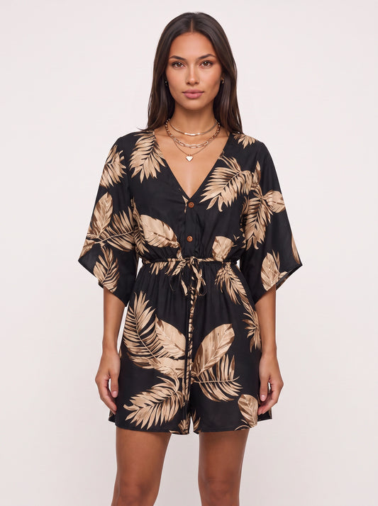 Florica Kimono Sleeve Button Front Mini Dress – Women Floral Print Drawstring Waist Casual Resort Mini Dress