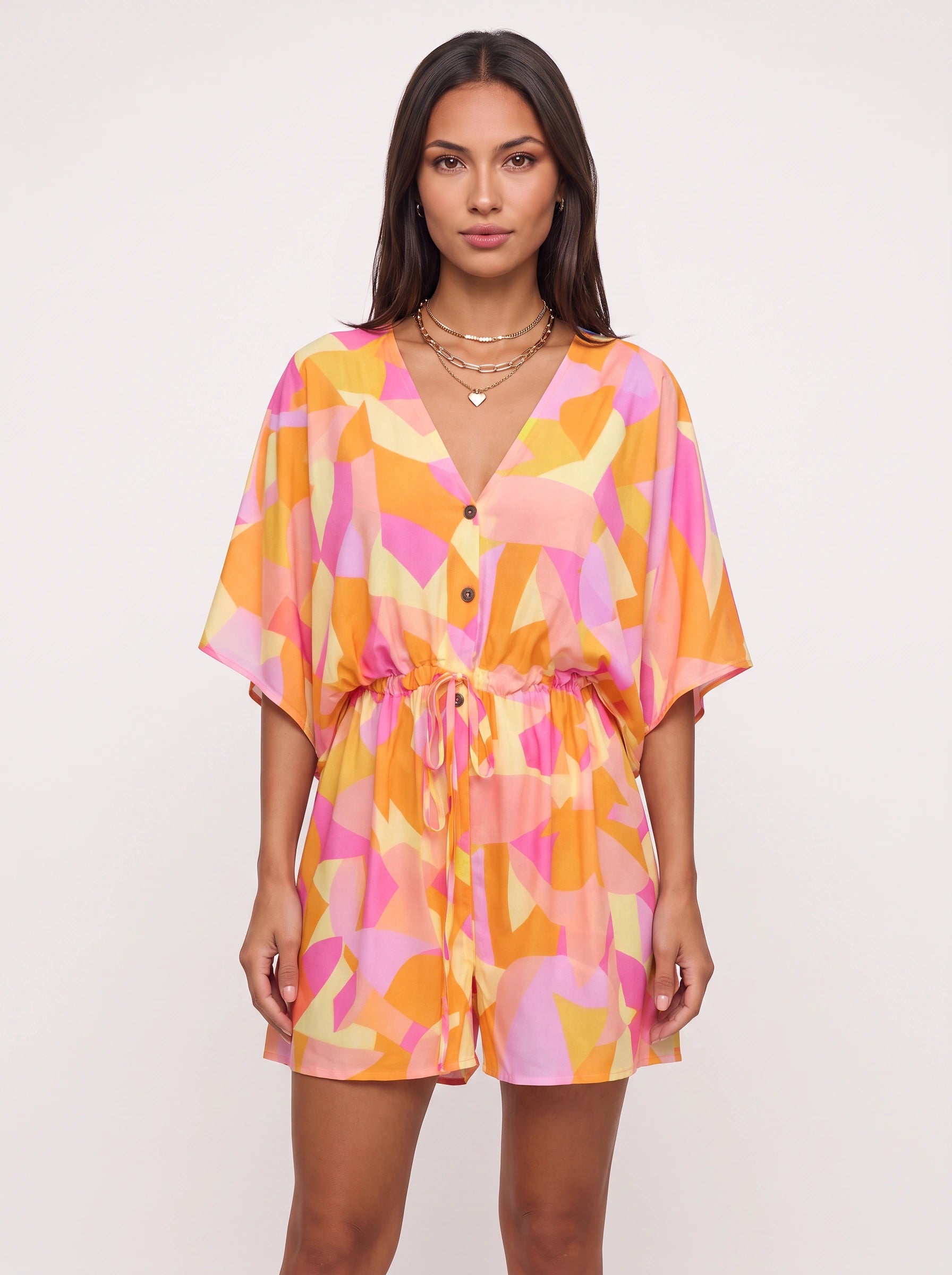 Florica Kimono Sleeve Button Front Mini Dress – Women Floral Print Drawstring Waist Casual Resort Mini Dress