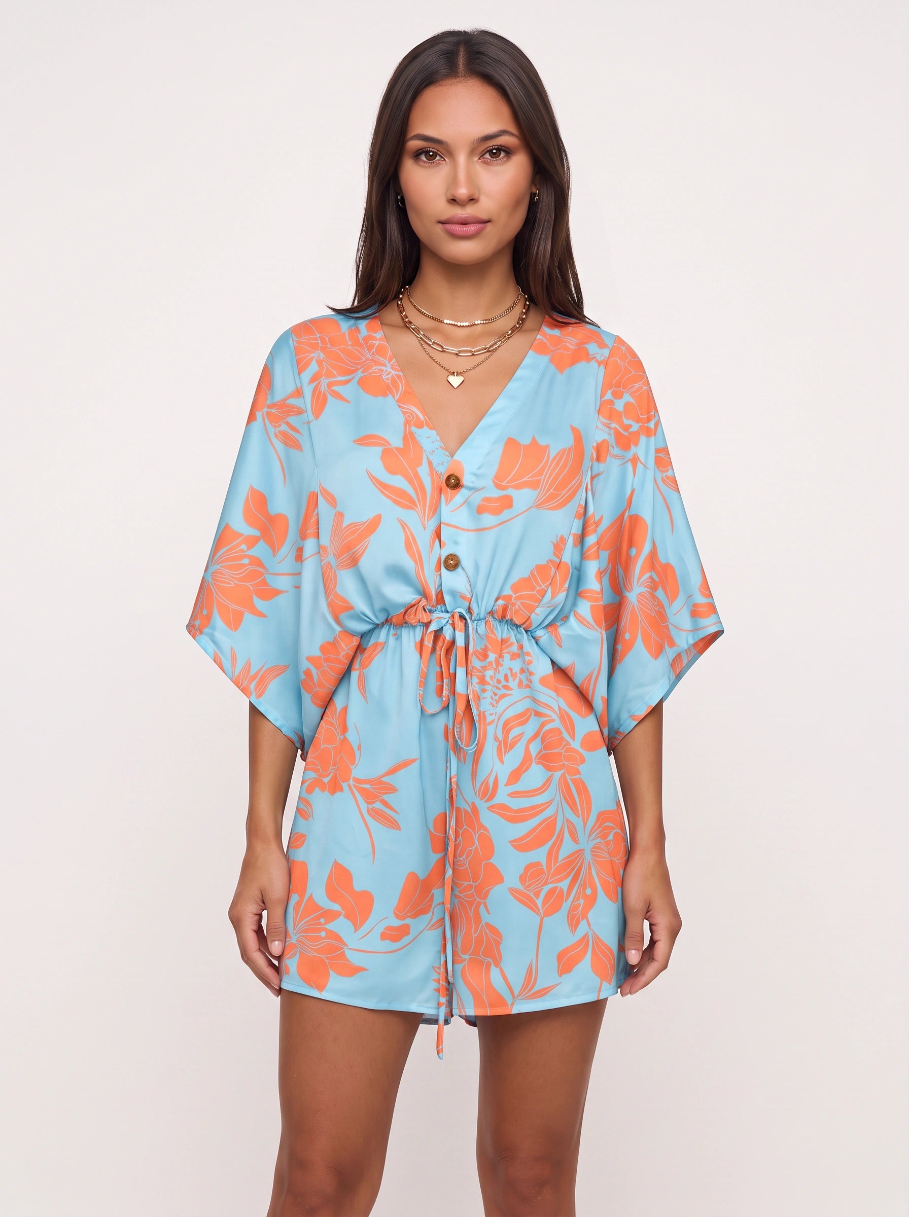 Florica Kimono Sleeve Button Front Mini Dress – Women Floral Print Drawstring Waist Casual Resort Mini Dress