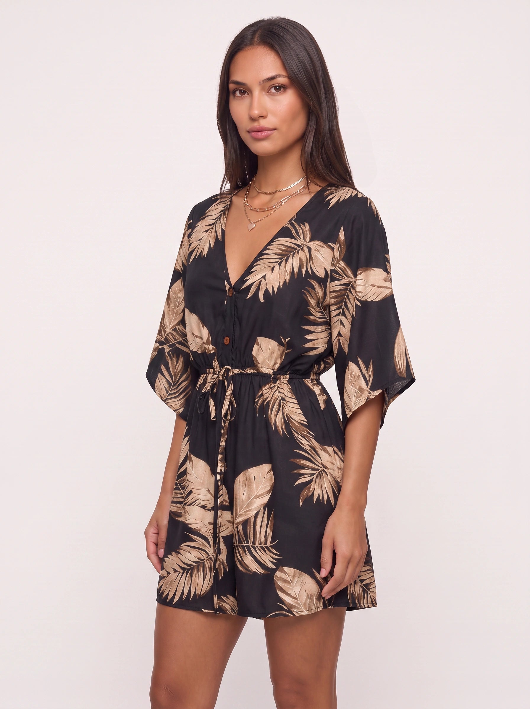 Florica Kimono Sleeve Button Front Mini Dress – Women Floral Print Drawstring Waist Casual Resort Mini Dress