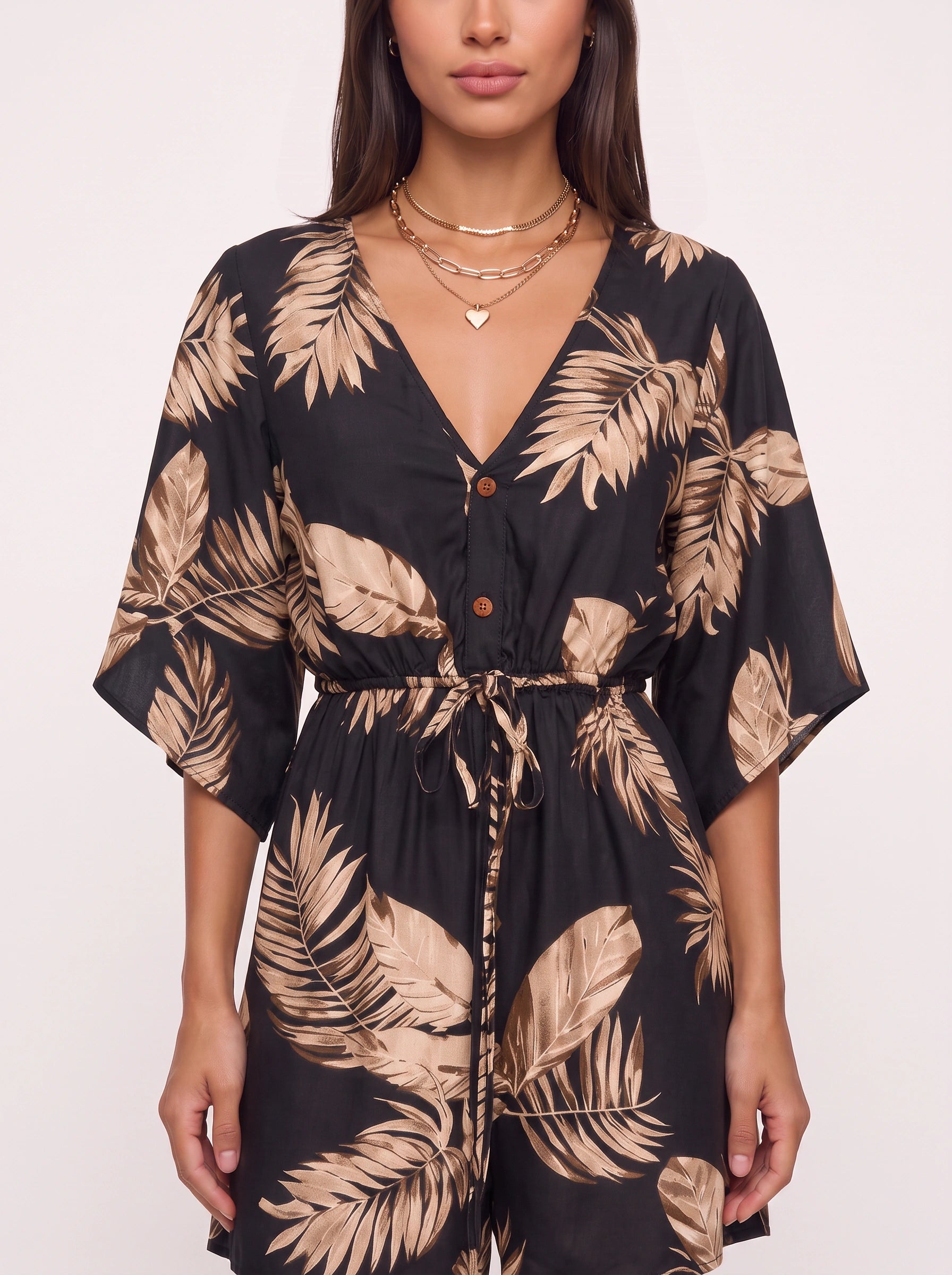 Florica Kimono Sleeve Button Front Mini Dress – Women Floral Print Drawstring Waist Casual Resort Mini Dress