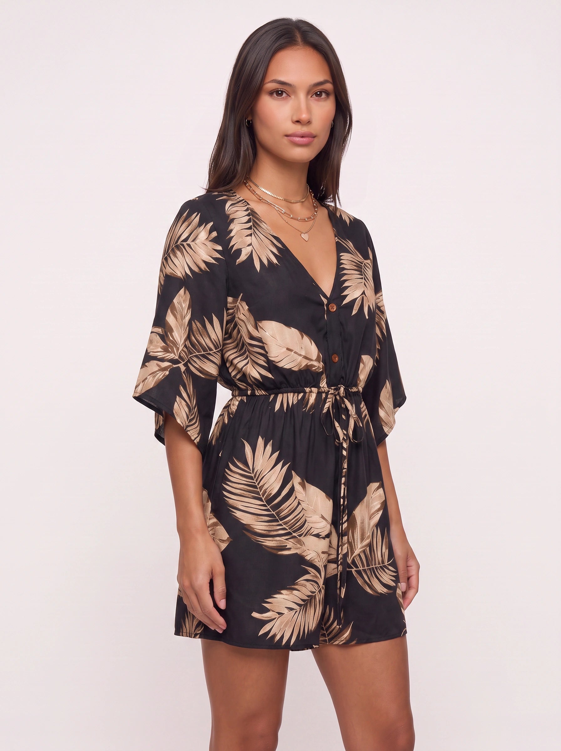 Florica Kimono Sleeve Button Front Mini Dress – Women Floral Print Drawstring Waist Casual Resort Mini Dress