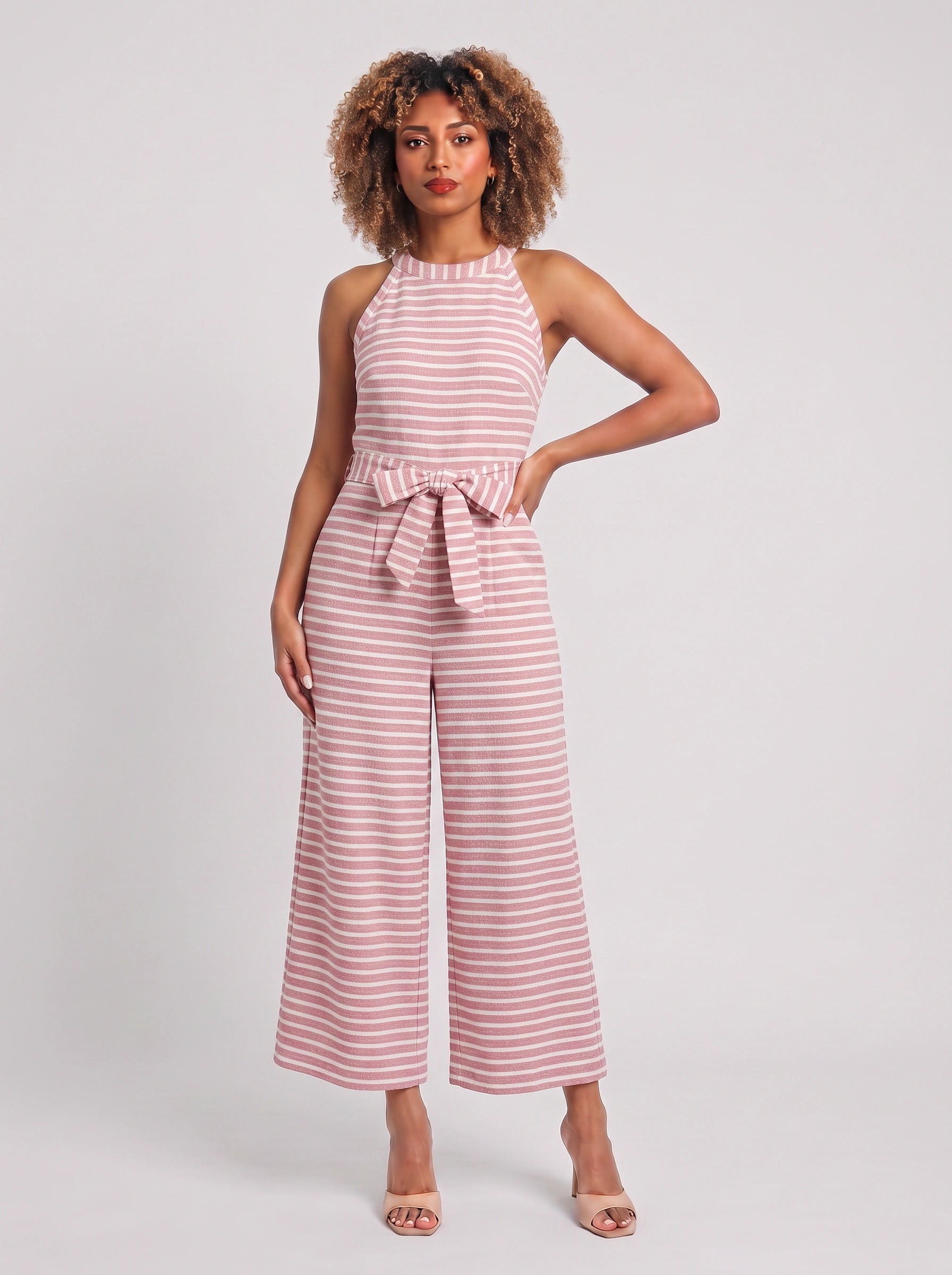 Rigata Halter Culotte Jumpsuit – Striped Women Casual Summer Romper Wide Leg Belted Waist Jumpsuit