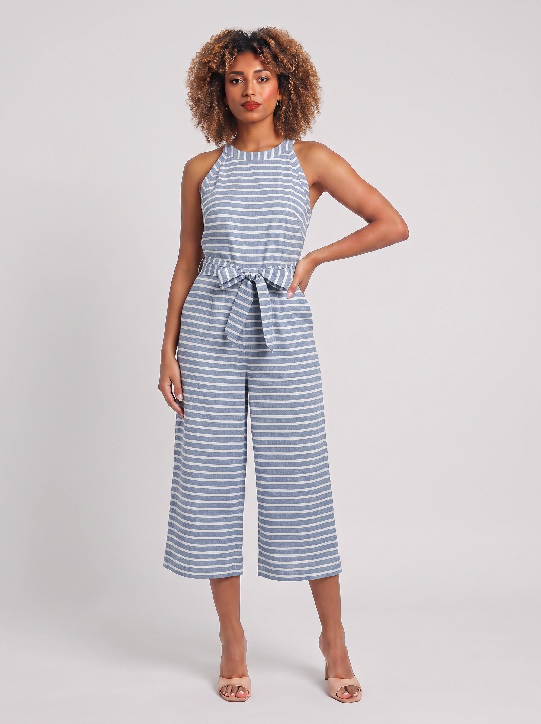 Rigata Halter Culotte Jumpsuit – Striped Women Casual Summer Romper Wide Leg Belted Waist Jumpsuit