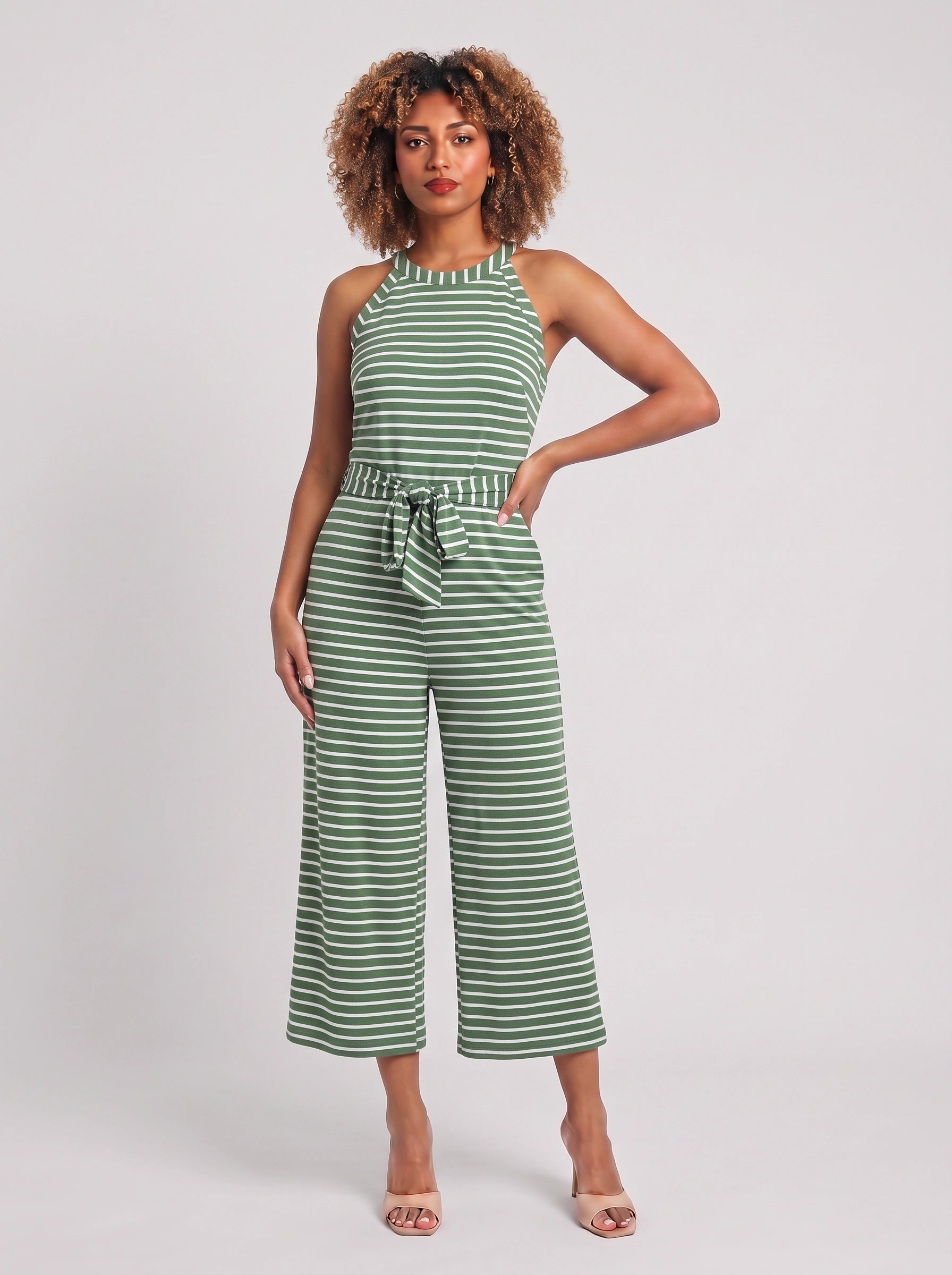 Rigata Halter Culotte Jumpsuit – Striped Women Casual Summer Romper Wide Leg Belted Waist Jumpsuit