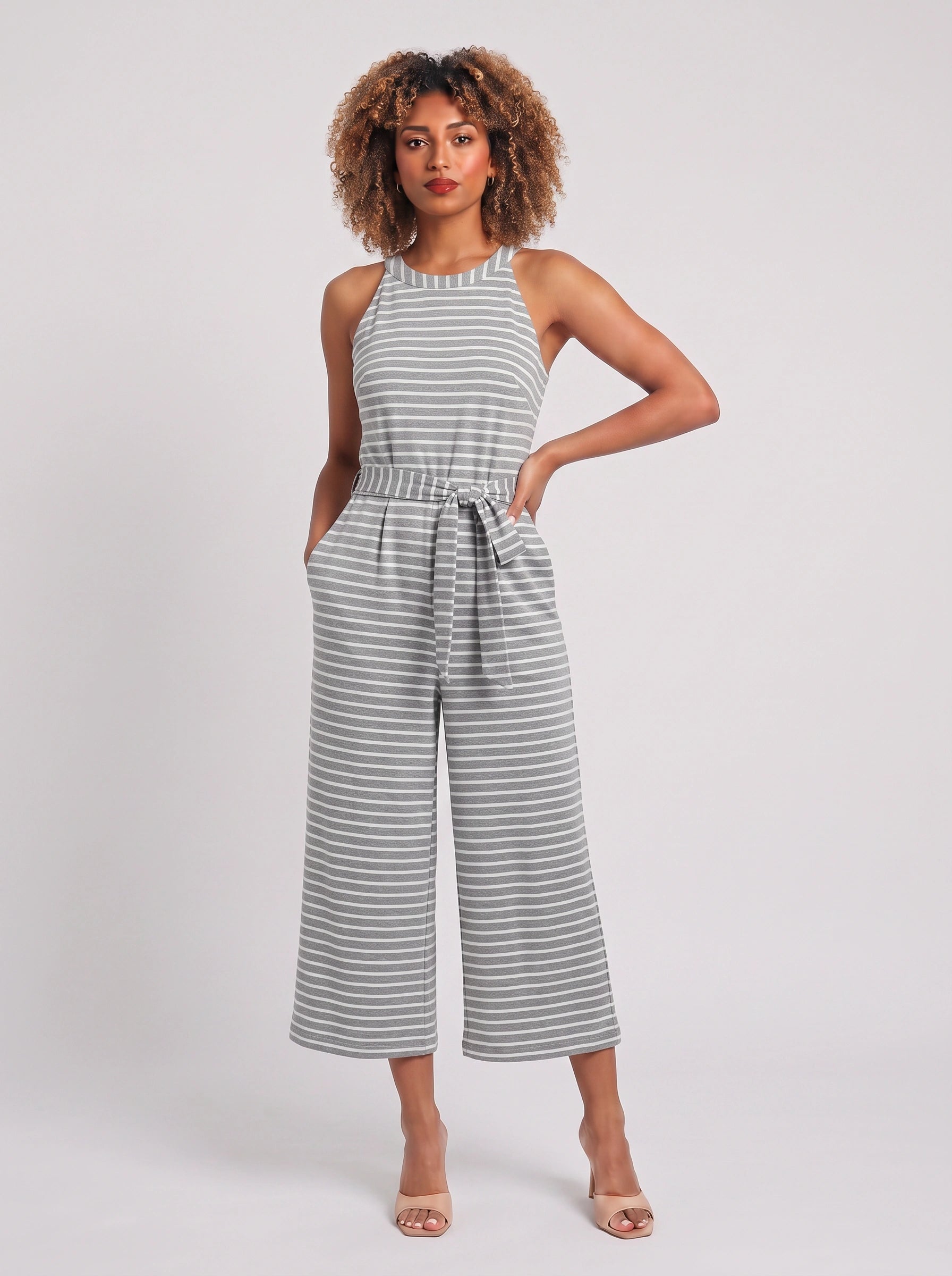 Rigata Halter Culotte Jumpsuit – Striped Women Casual Summer Romper Wide Leg Belted Waist Jumpsuit