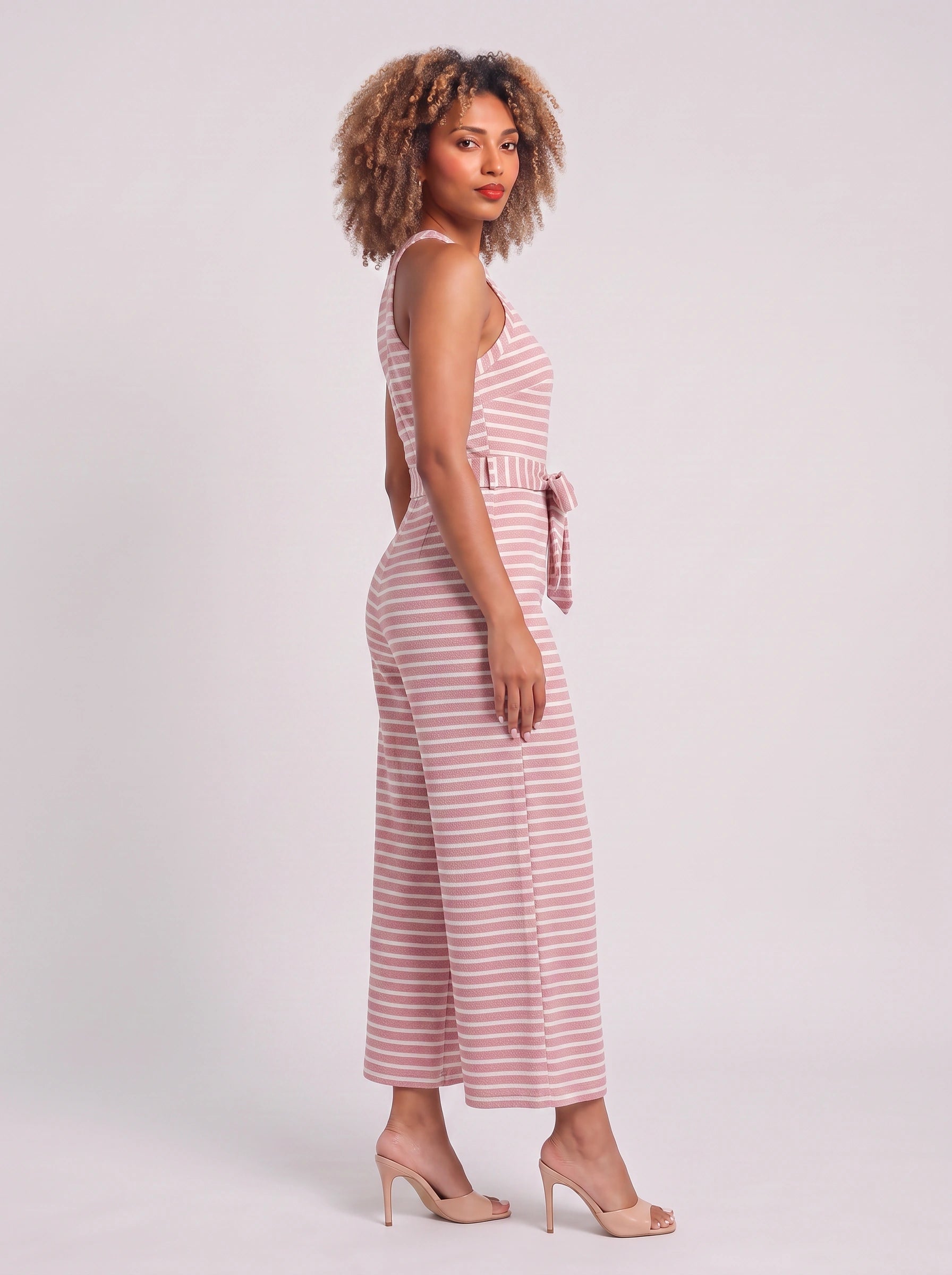 Rigata Halter Culotte Jumpsuit – Striped Women Casual Summer Romper Wide Leg Belted Waist Jumpsuit