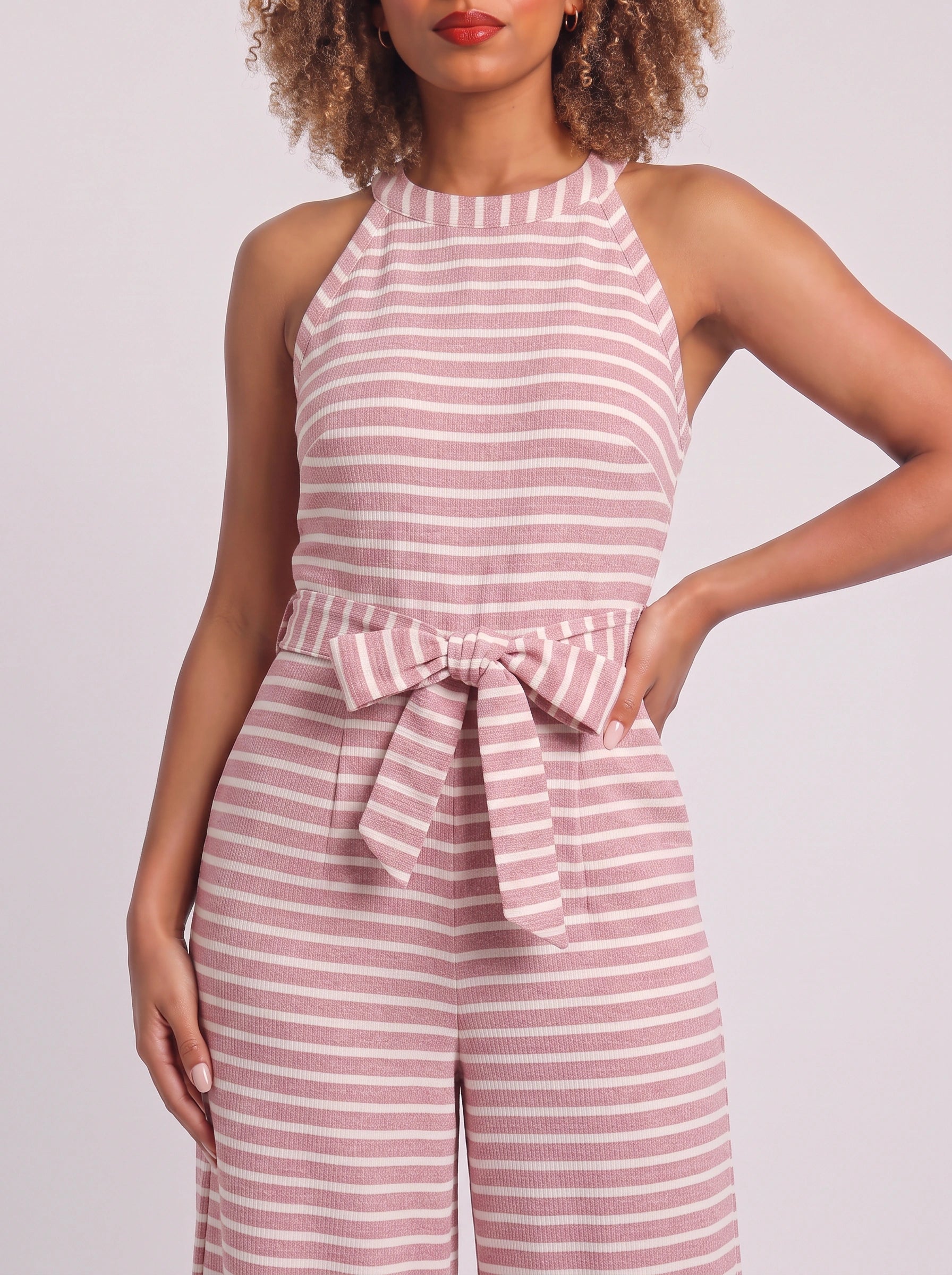 Rigata Halter Culotte Jumpsuit – Striped Women Casual Summer Romper Wide Leg Belted Waist Jumpsuit