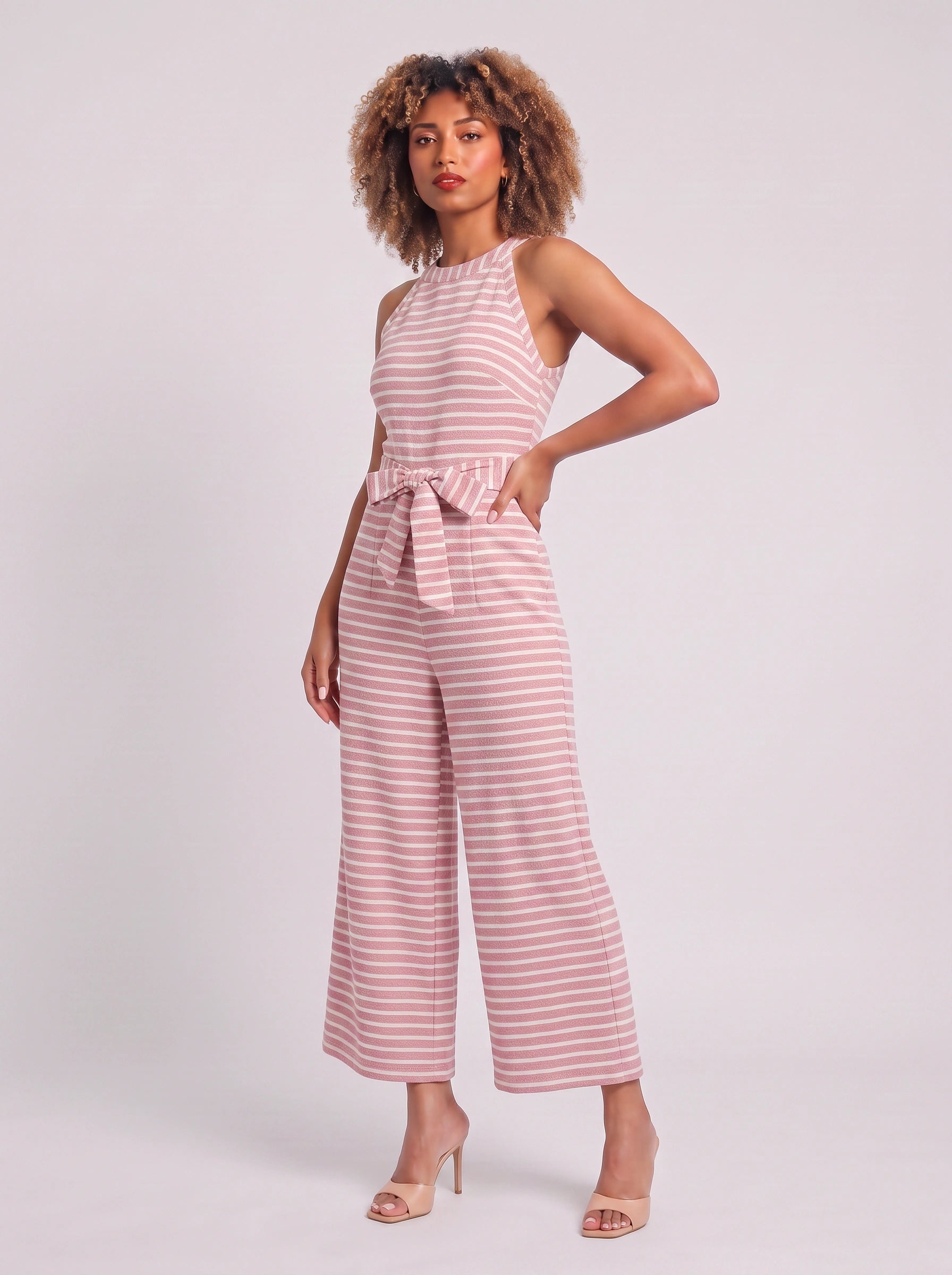 Rigata Halter Culotte Jumpsuit – Striped Women Casual Summer Romper Wide Leg Belted Waist Jumpsuit