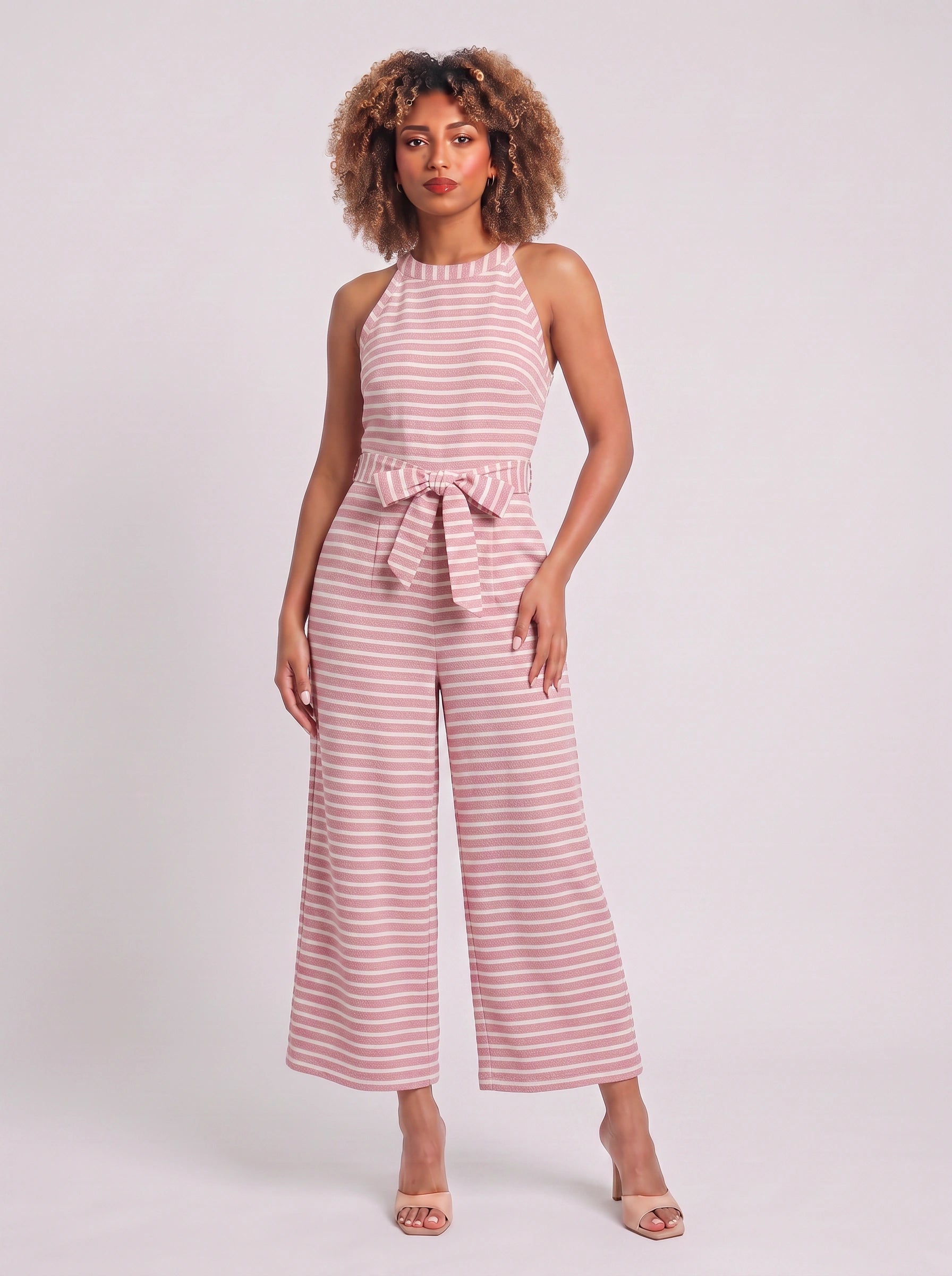 Rigata Halter Culotte Jumpsuit – Striped Women Casual Summer Romper Wide Leg Belted Waist Jumpsuit