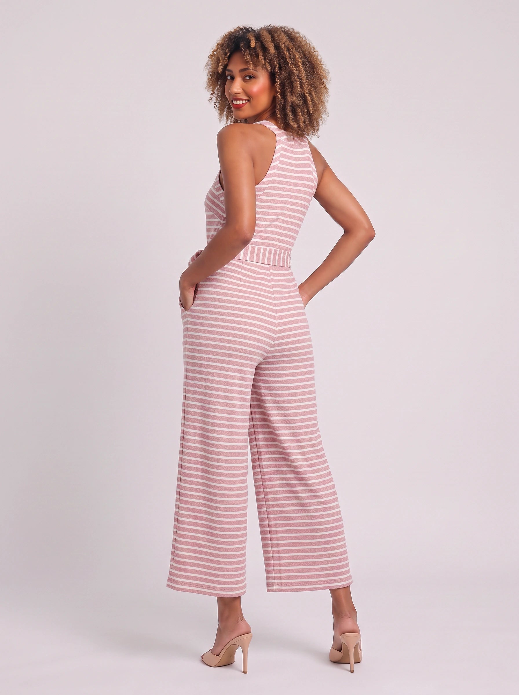 Rigata Halter Culotte Jumpsuit – Striped Women Casual Summer Romper Wide Leg Belted Waist Jumpsuit